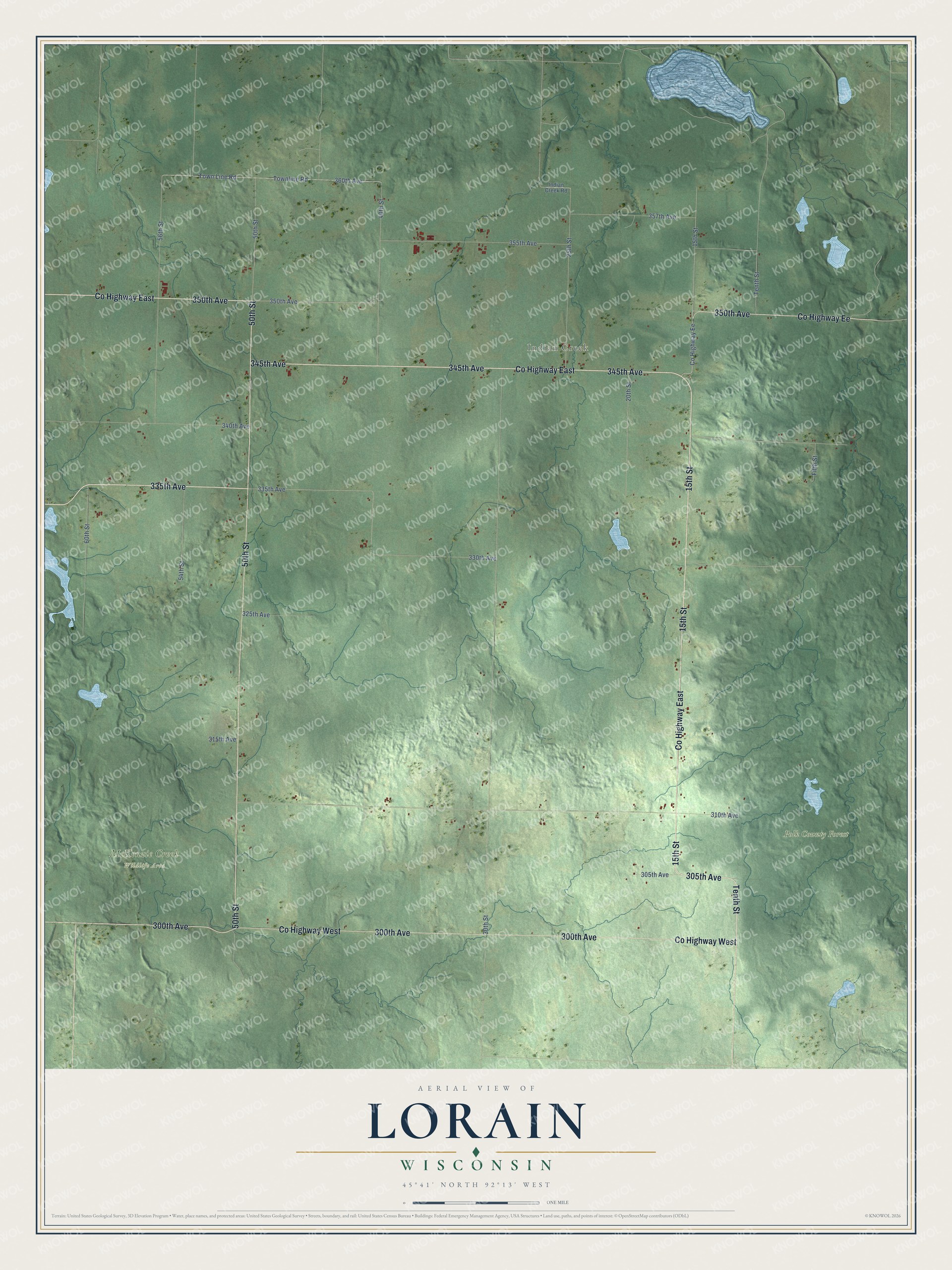 Full map of Lorain, Wisconsin, with red buildings, printed street names and the land around them