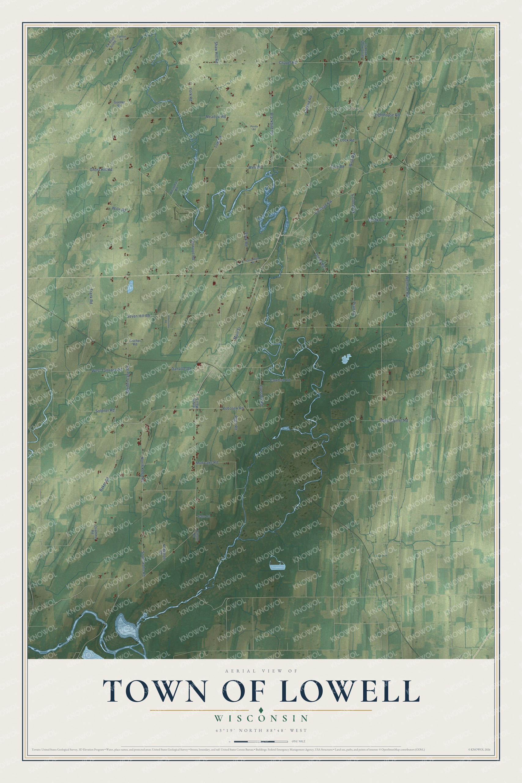 Full map of Lowell, Wisconsin, with red buildings, printed street names and the land around them