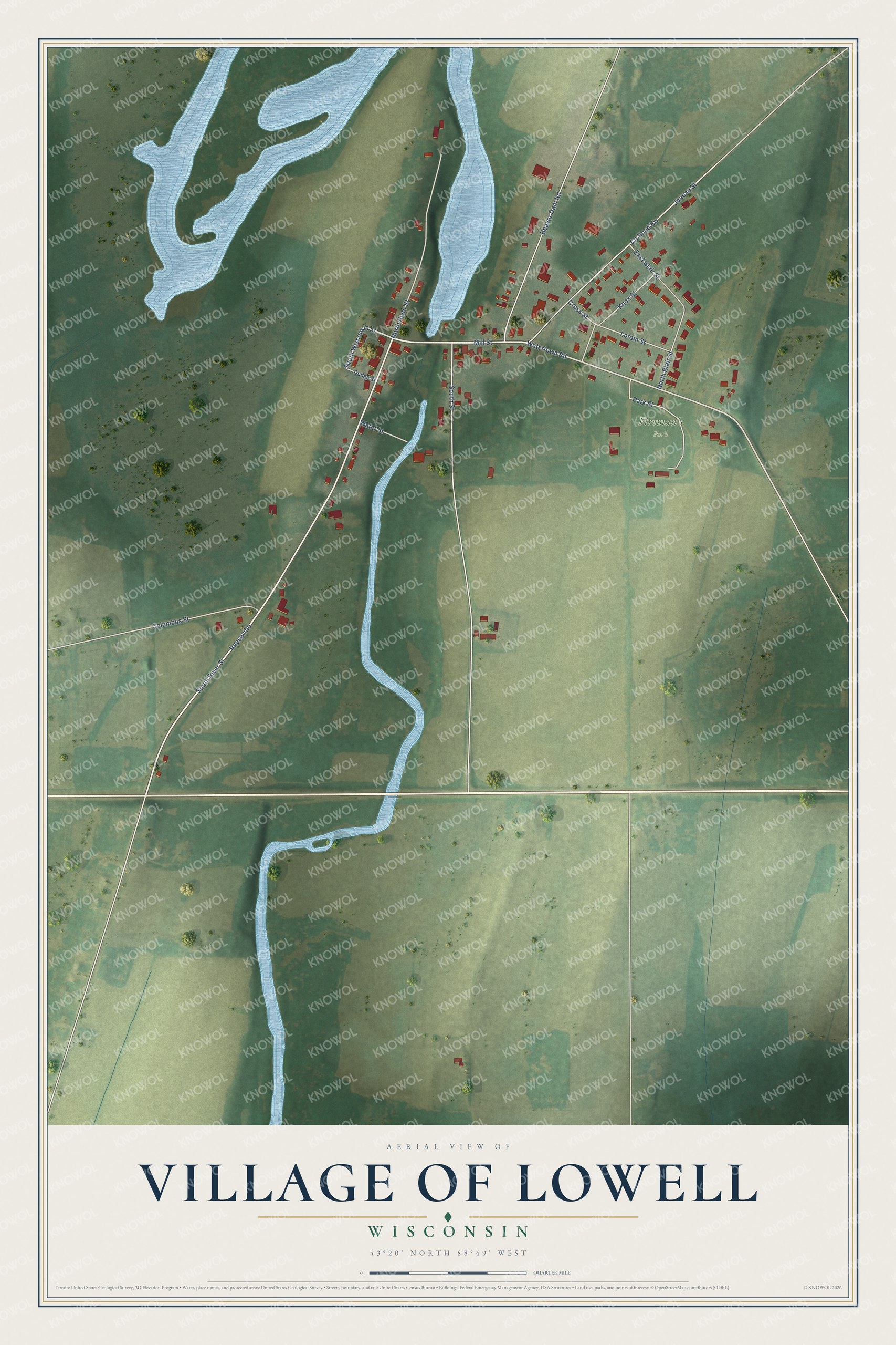 Full map of Lowell, Wisconsin, with red buildings, printed street names and the land around them