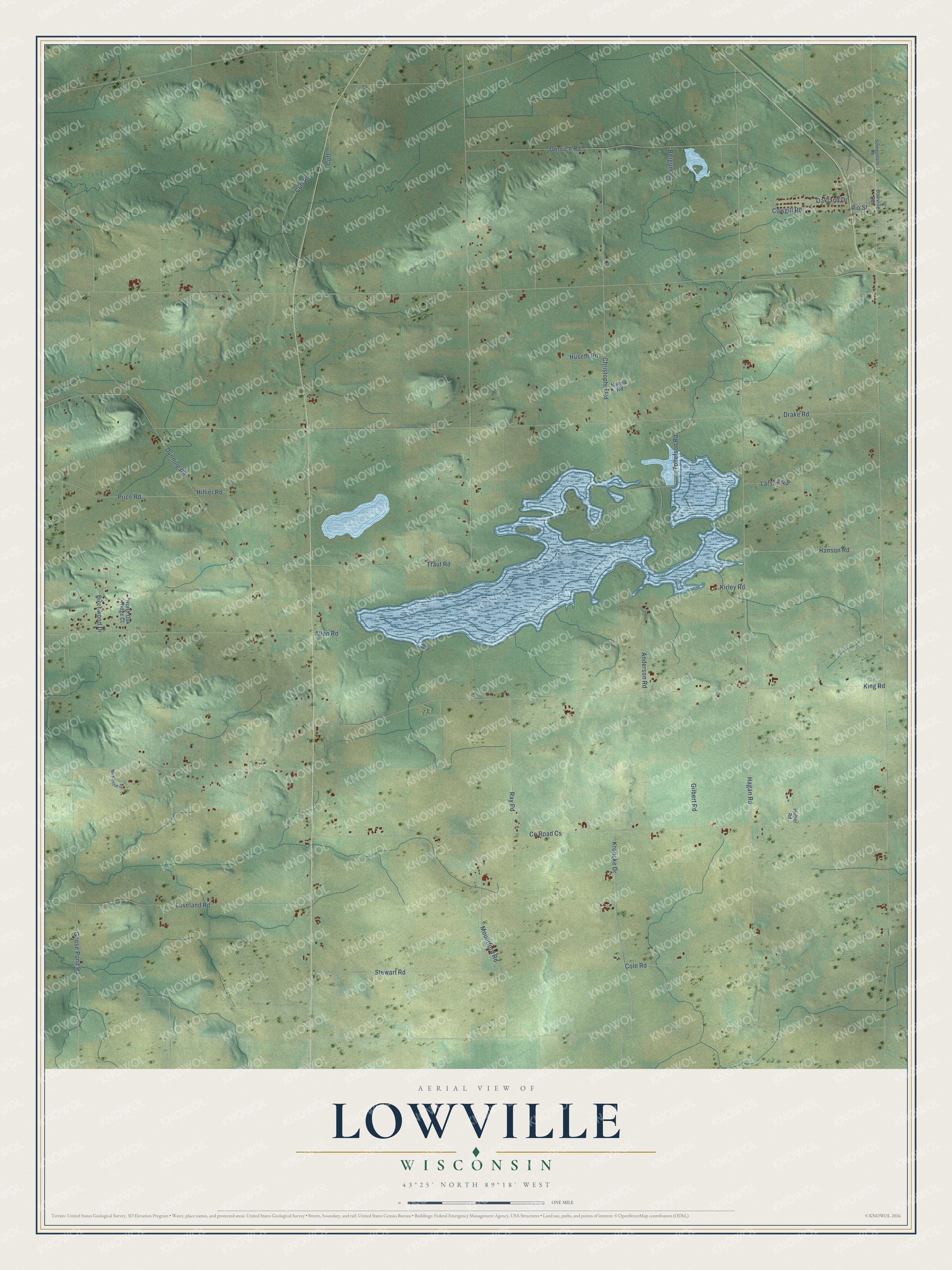 Full map of Lowville, Wisconsin, with red buildings, printed street names and the land around them