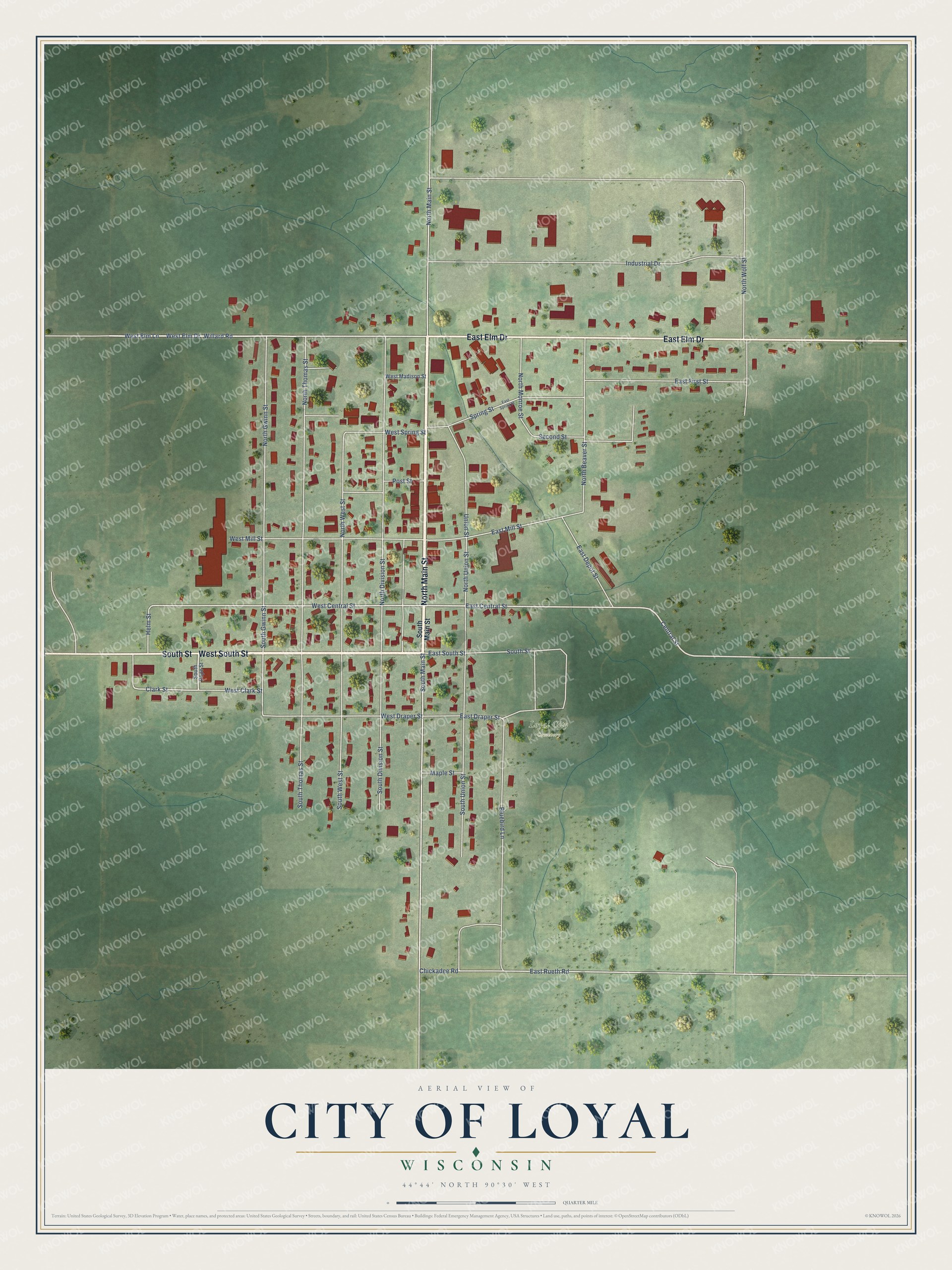 Full map of Loyal, Wisconsin, with red buildings, printed street names and the land around them