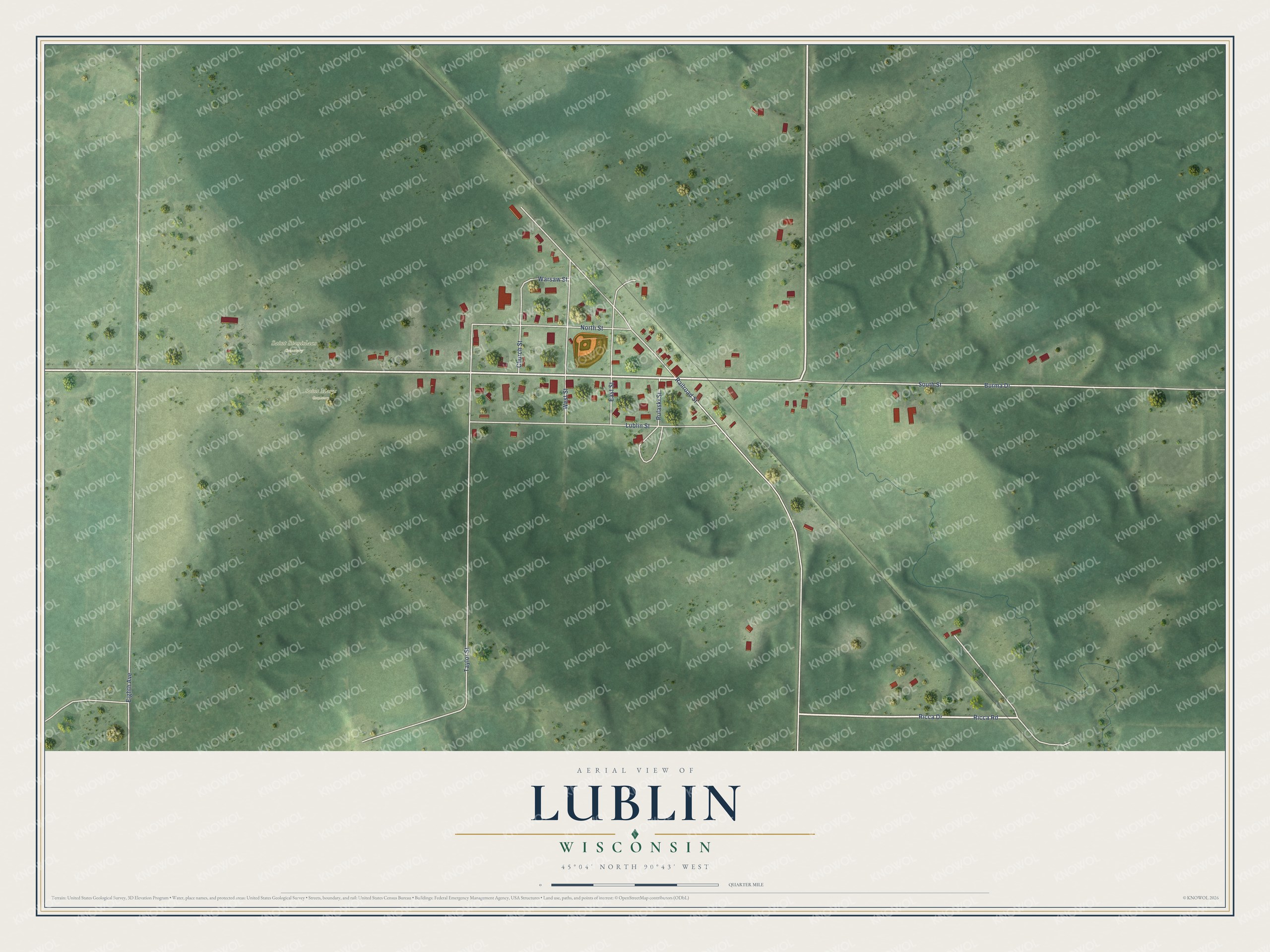 Full map of Lublin, Wisconsin, with red buildings, printed street names and the land around them