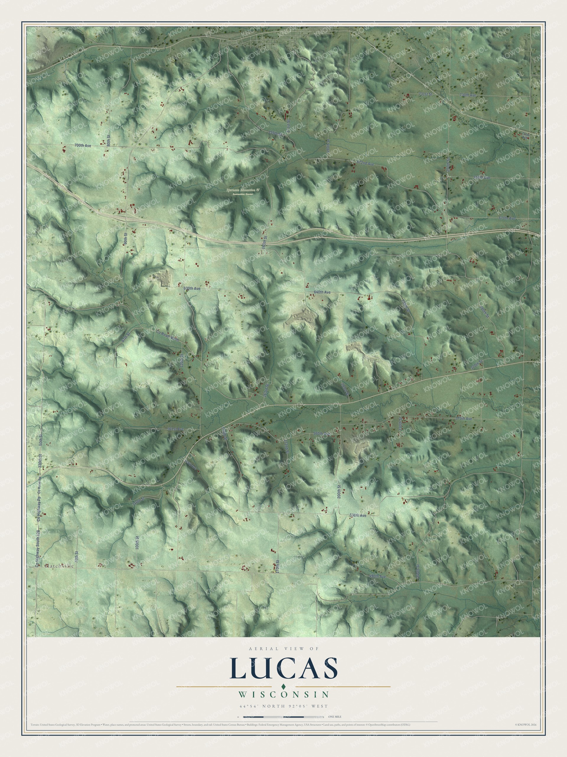 Full map of Lucas, Wisconsin, with red buildings, printed street names and the land around them