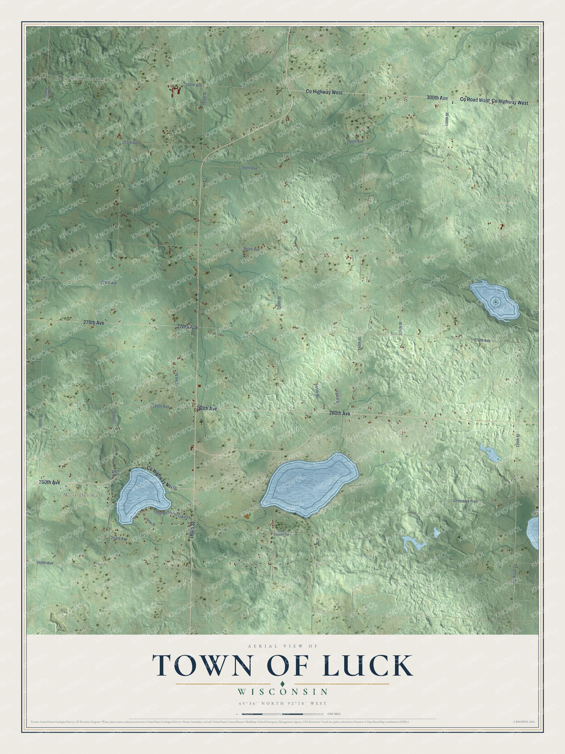 Full map of Luck, Wisconsin, with red buildings, printed street names and the land around them