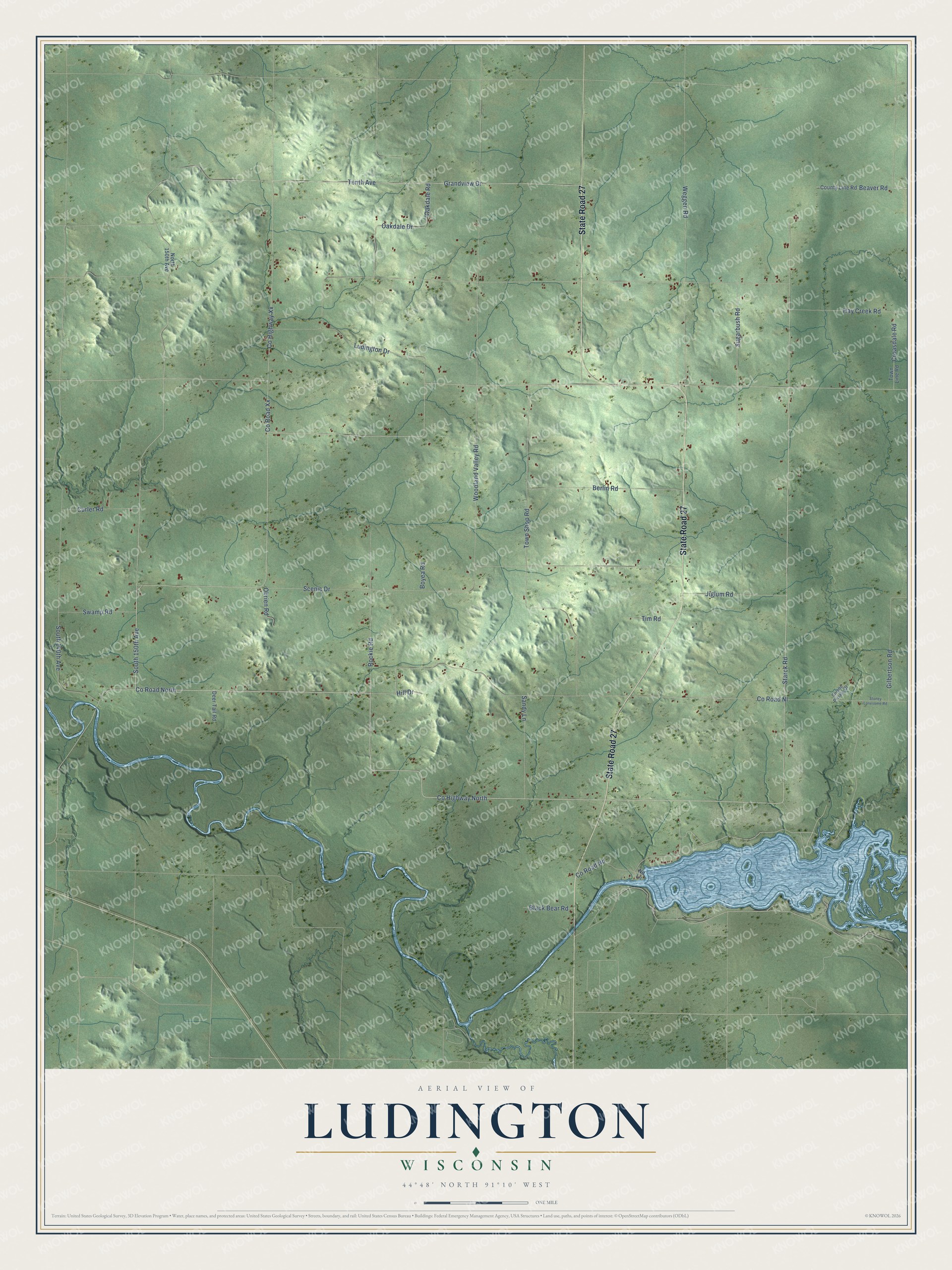 Full map of Ludington, Wisconsin, with red buildings, printed street names and the land around them