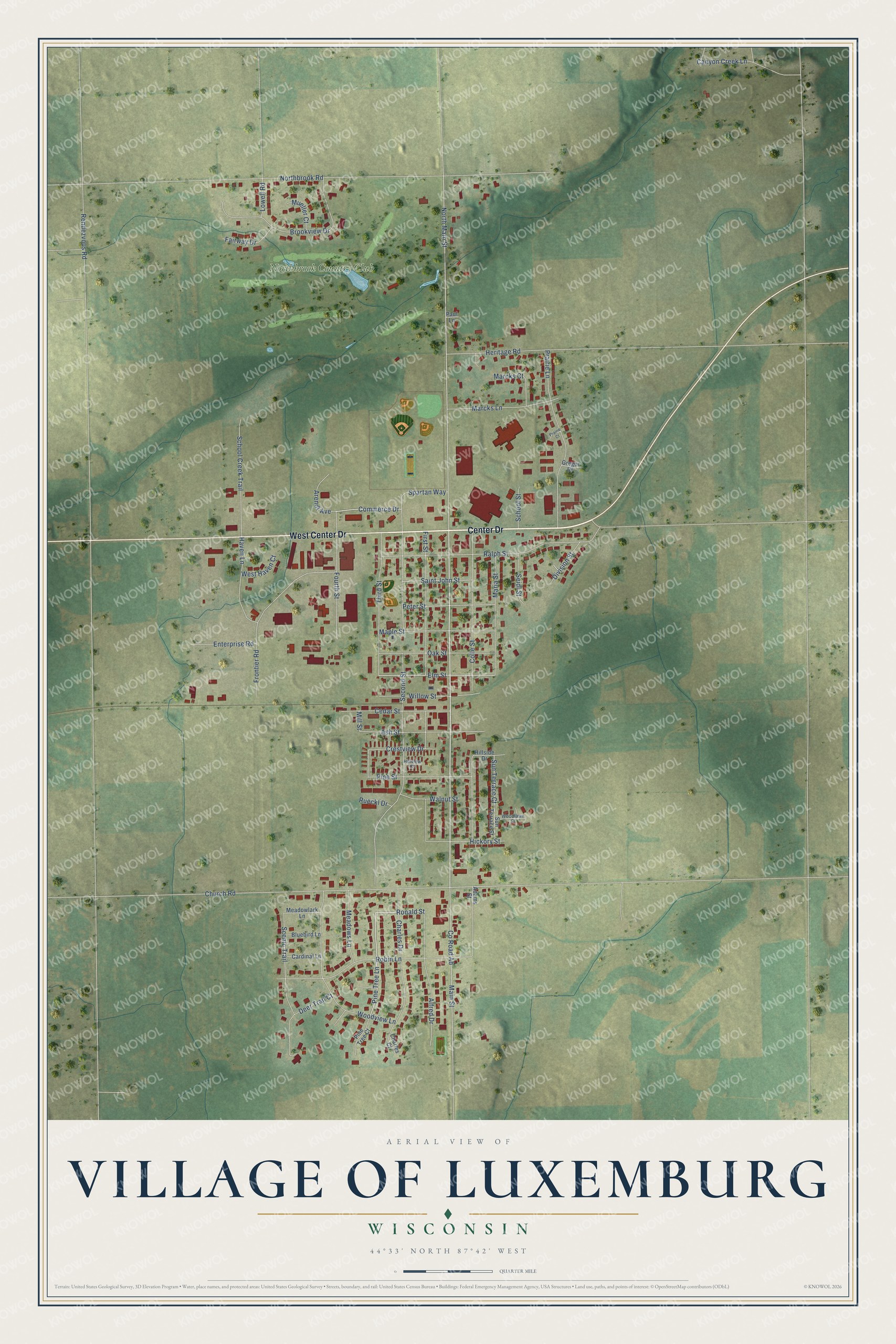 Full map of Luxemburg, Wisconsin, with red buildings, printed street names and the land around them