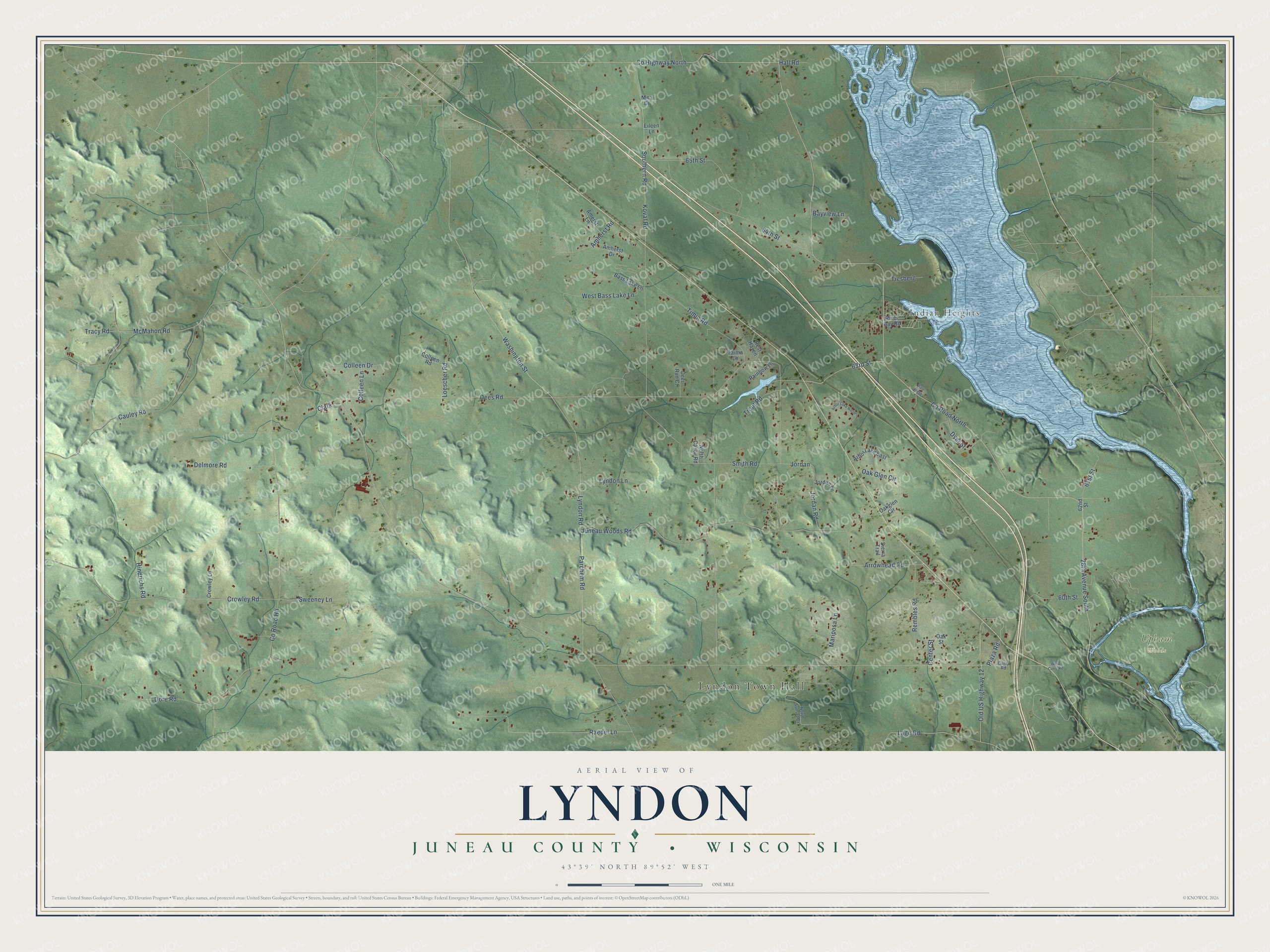 Full map of Lyndon, Wisconsin, with red buildings, printed street names and the land around them