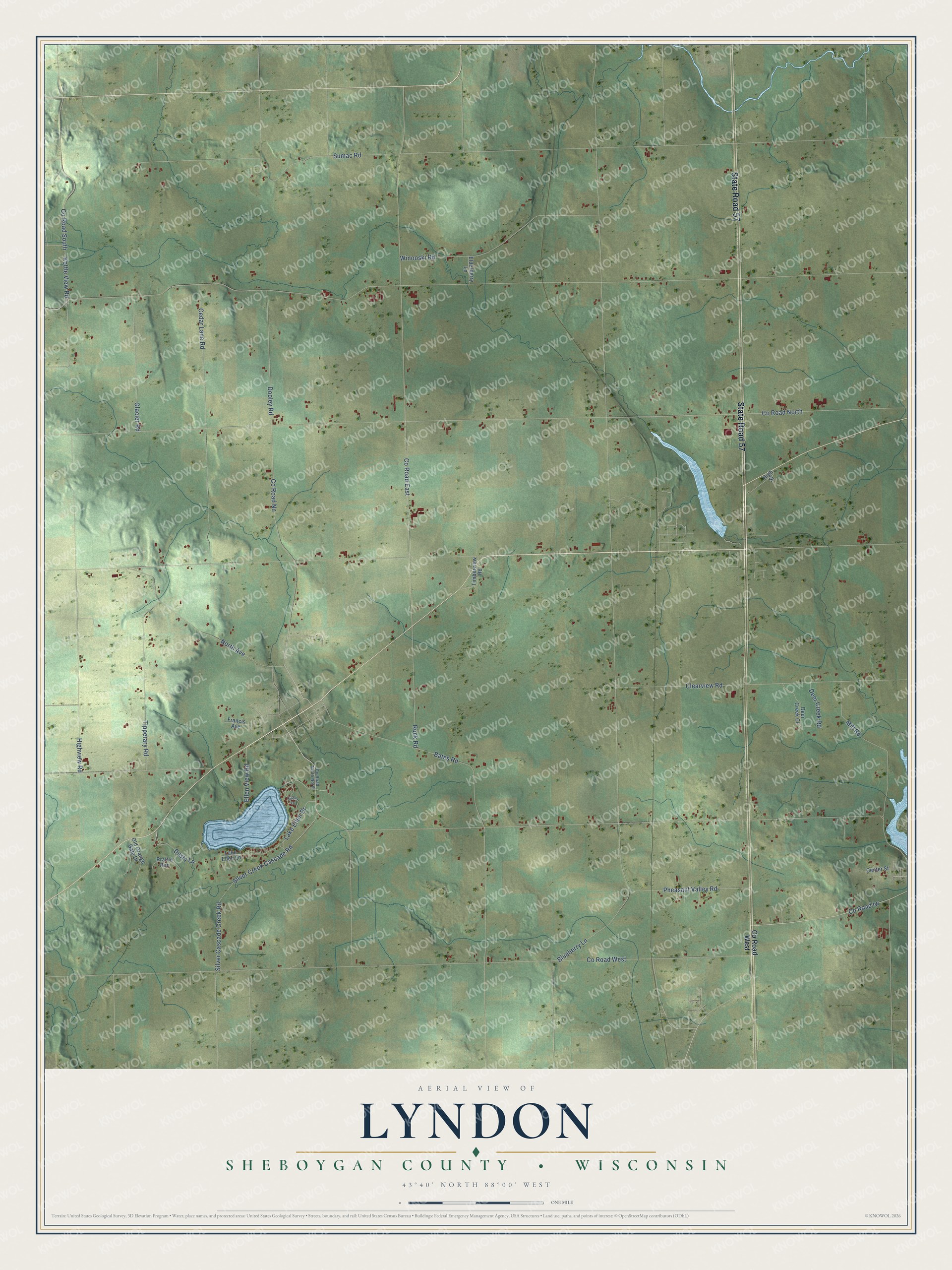 Full map of Lyndon, Wisconsin, with red buildings, printed street names and the land around them