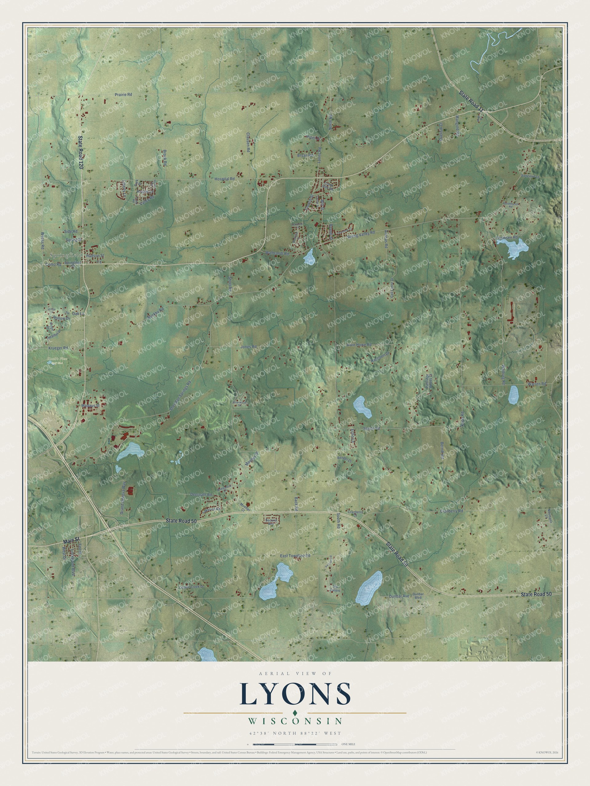 Full map of Lyons, Wisconsin, with red buildings, printed street names and the land around them