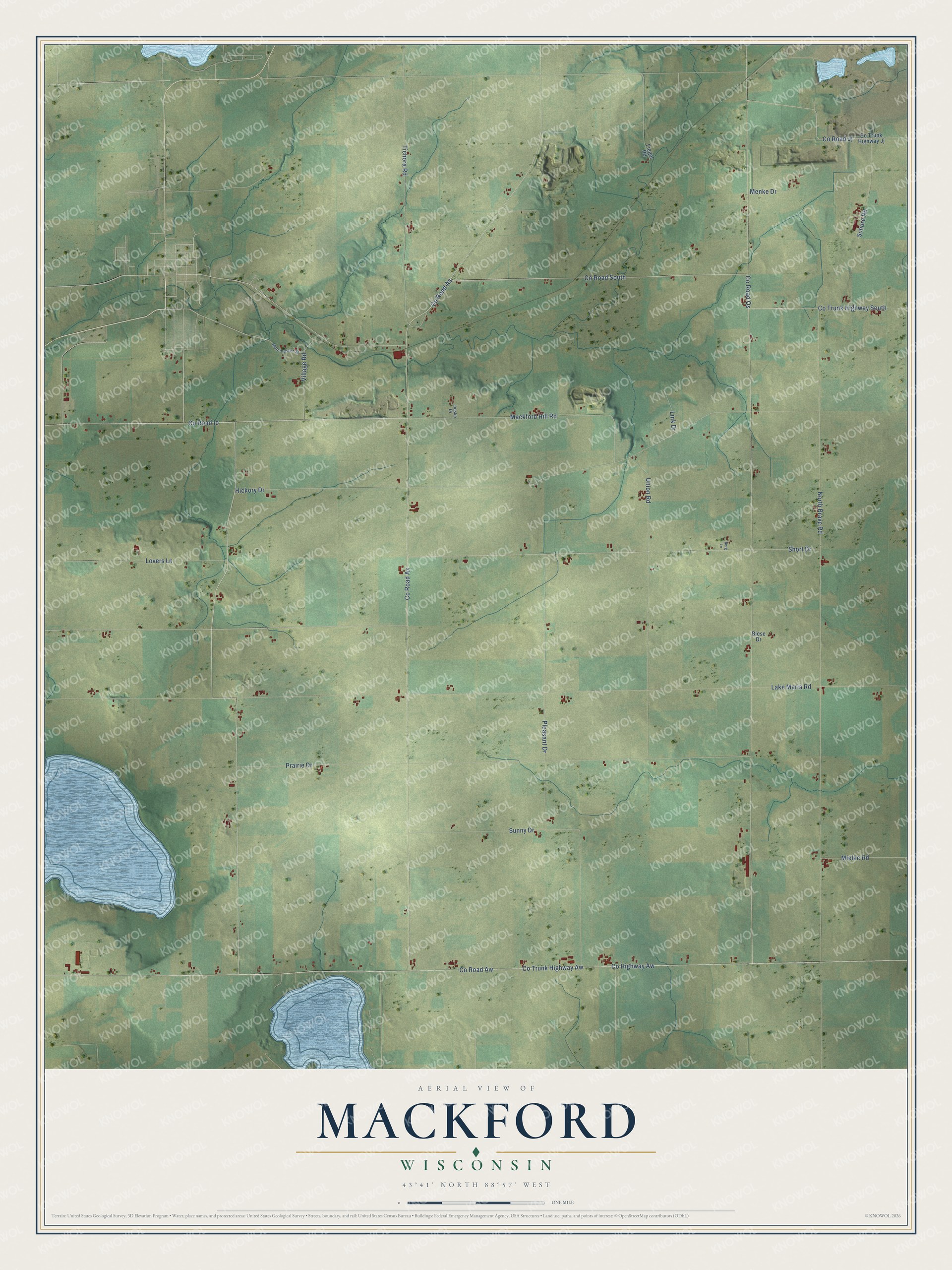 Full map of Mackford, Wisconsin, with red buildings, printed street names and the land around them