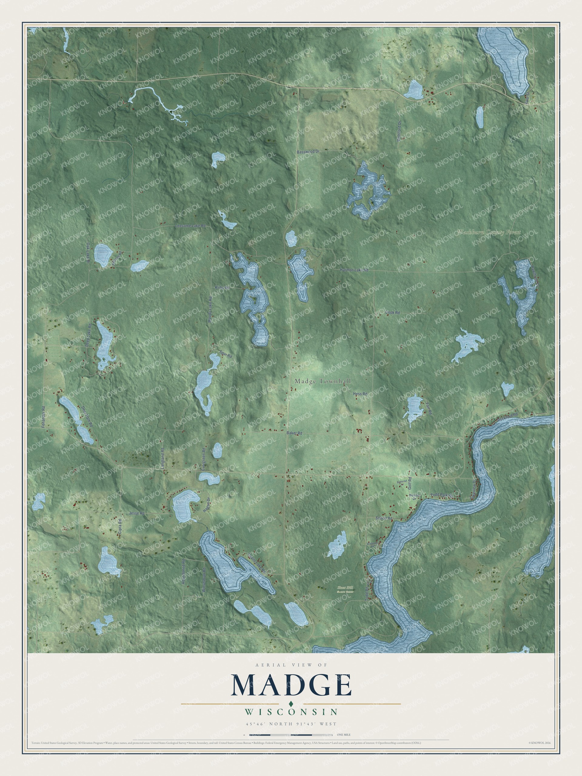 Full map of Madge, Wisconsin, with red buildings, printed street names and the land around them