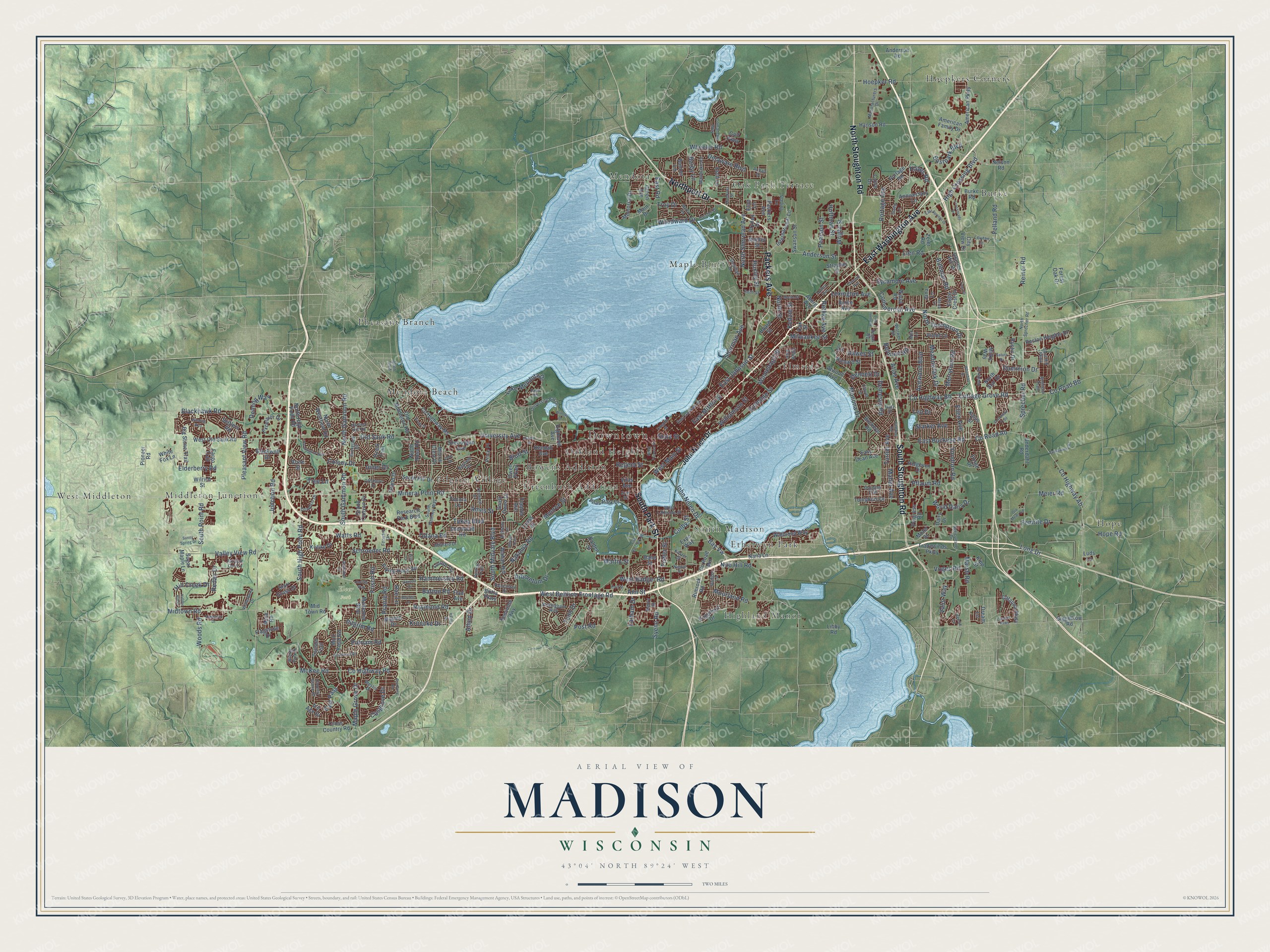 Full map of Madison, Wisconsin, with red buildings, printed street names and the land around them