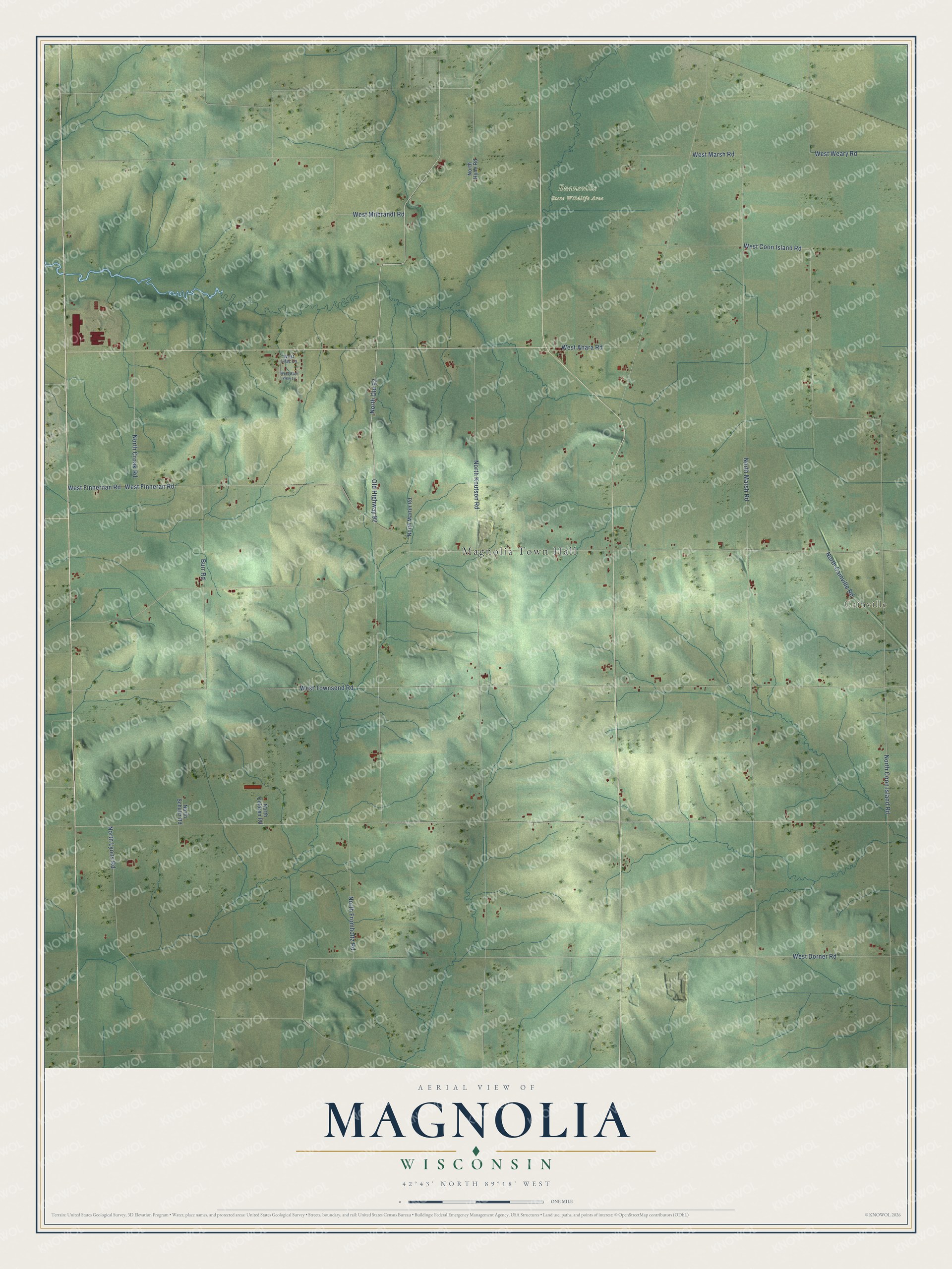 Full map of Magnolia, Wisconsin, with red buildings, printed street names and the land around them