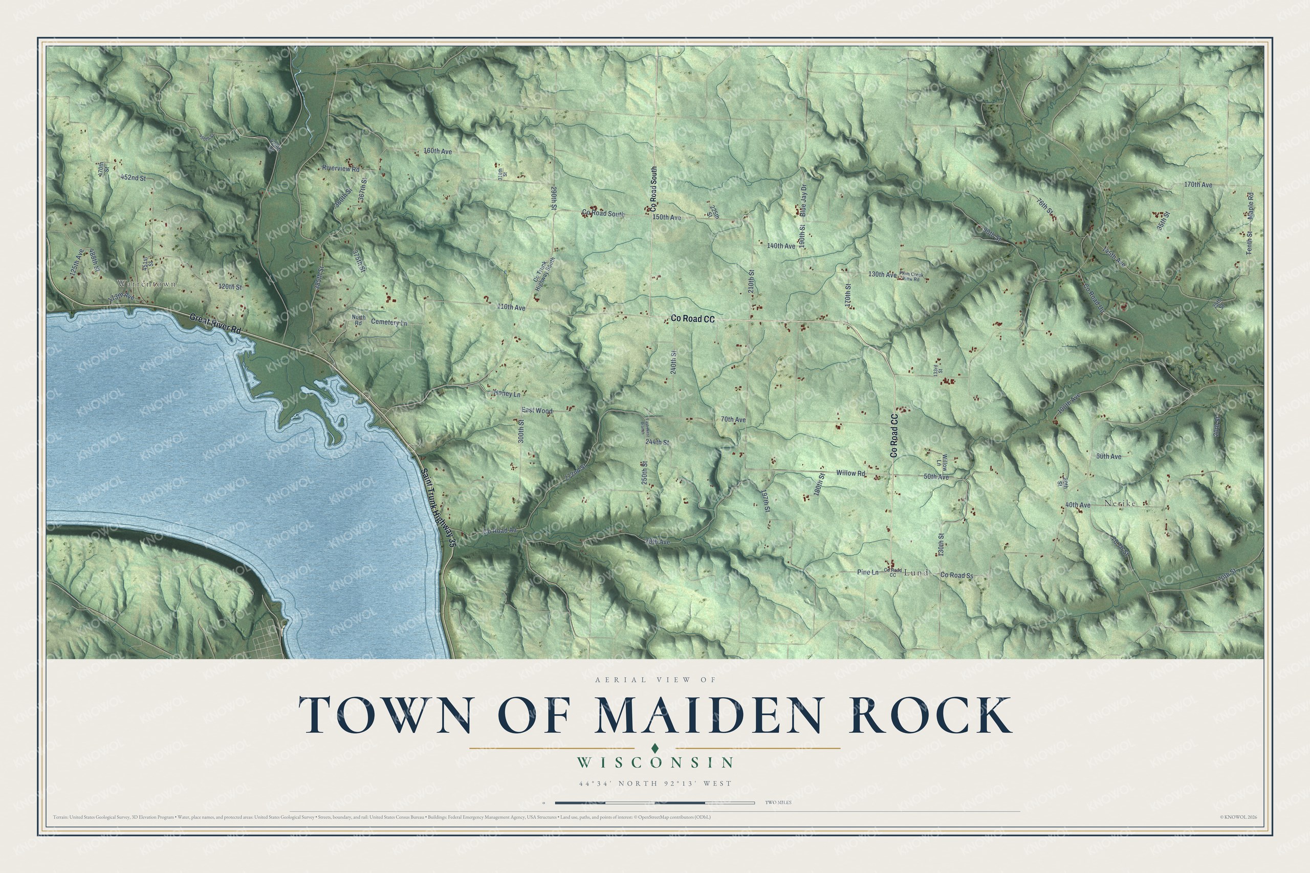 Full map of Maiden Rock, Wisconsin, with red buildings, printed street names and the land around them