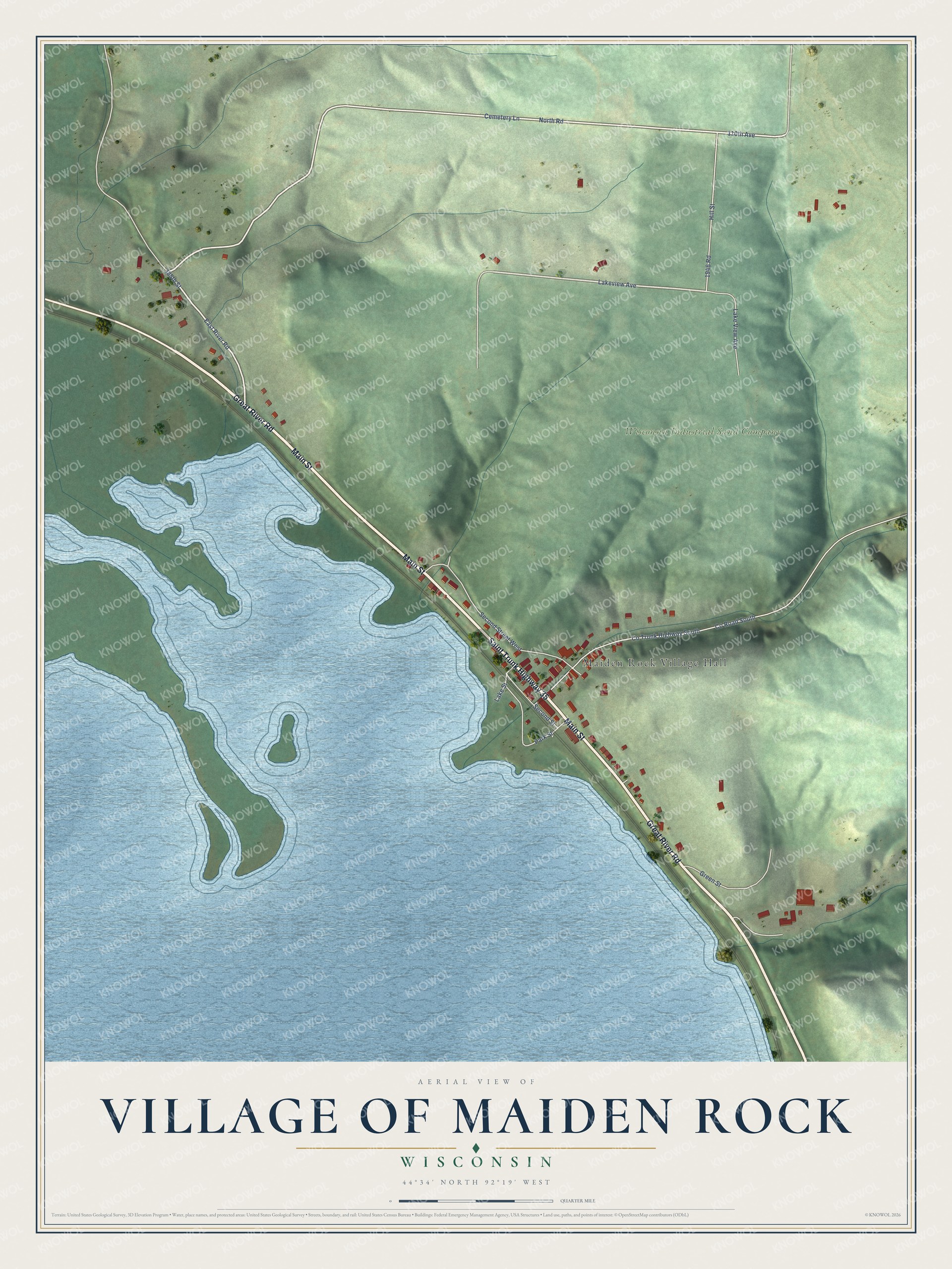 Full map of Maiden Rock, Wisconsin, with red buildings, printed street names and the land around them