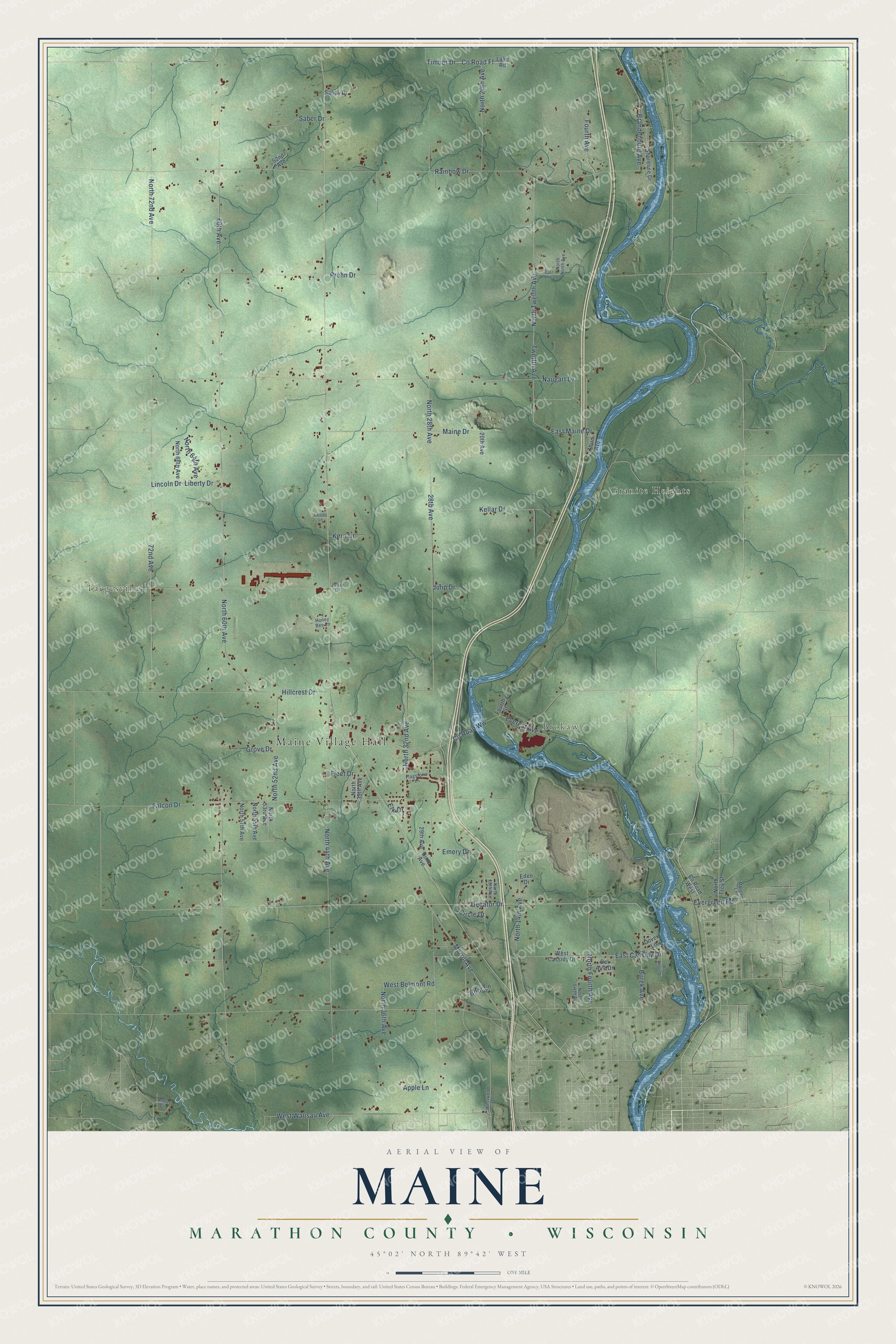Full map of Maine, Wisconsin, with red buildings, printed street names and the land around them