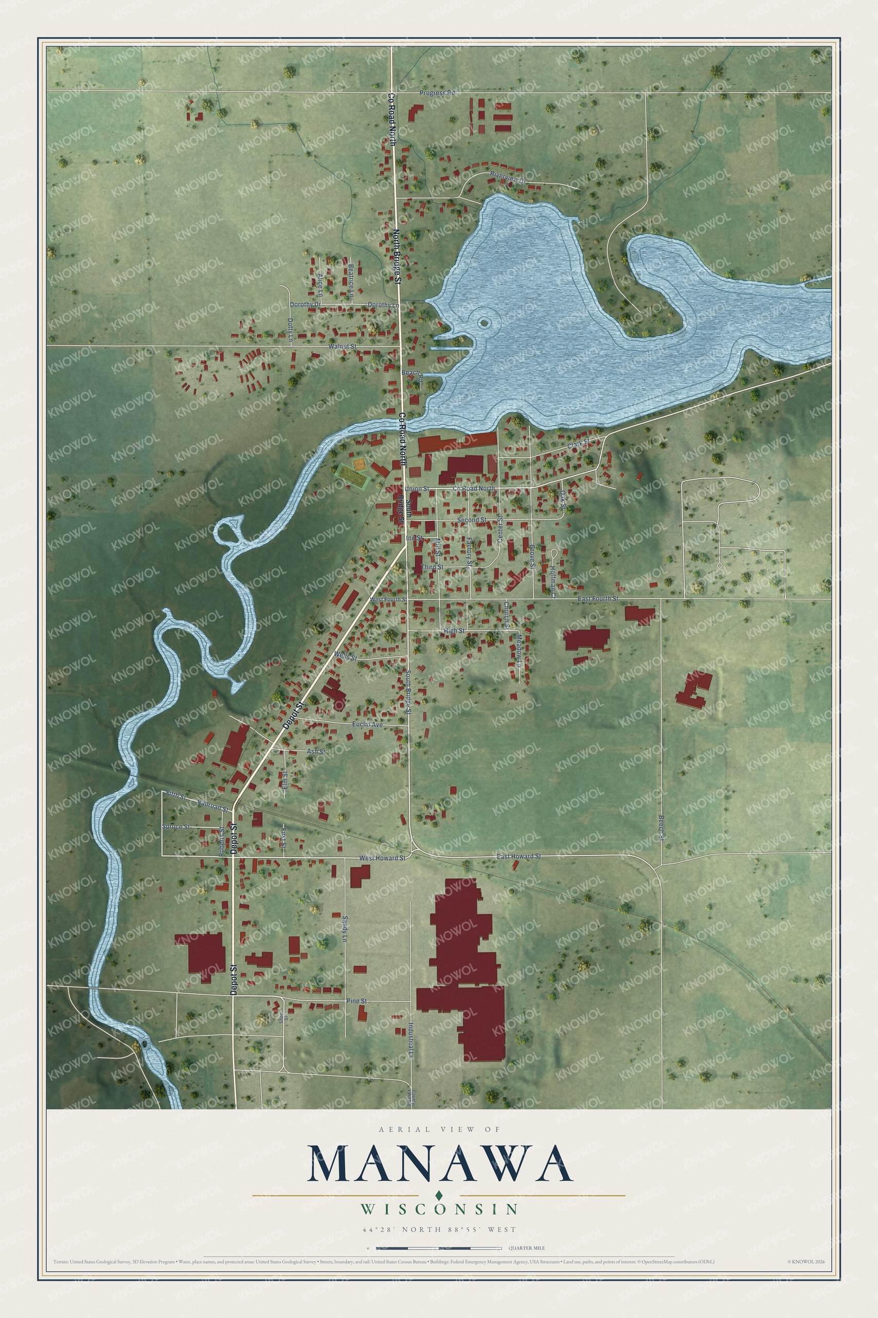 Full map of Manawa, Wisconsin, with red buildings, printed street names and the land around them
