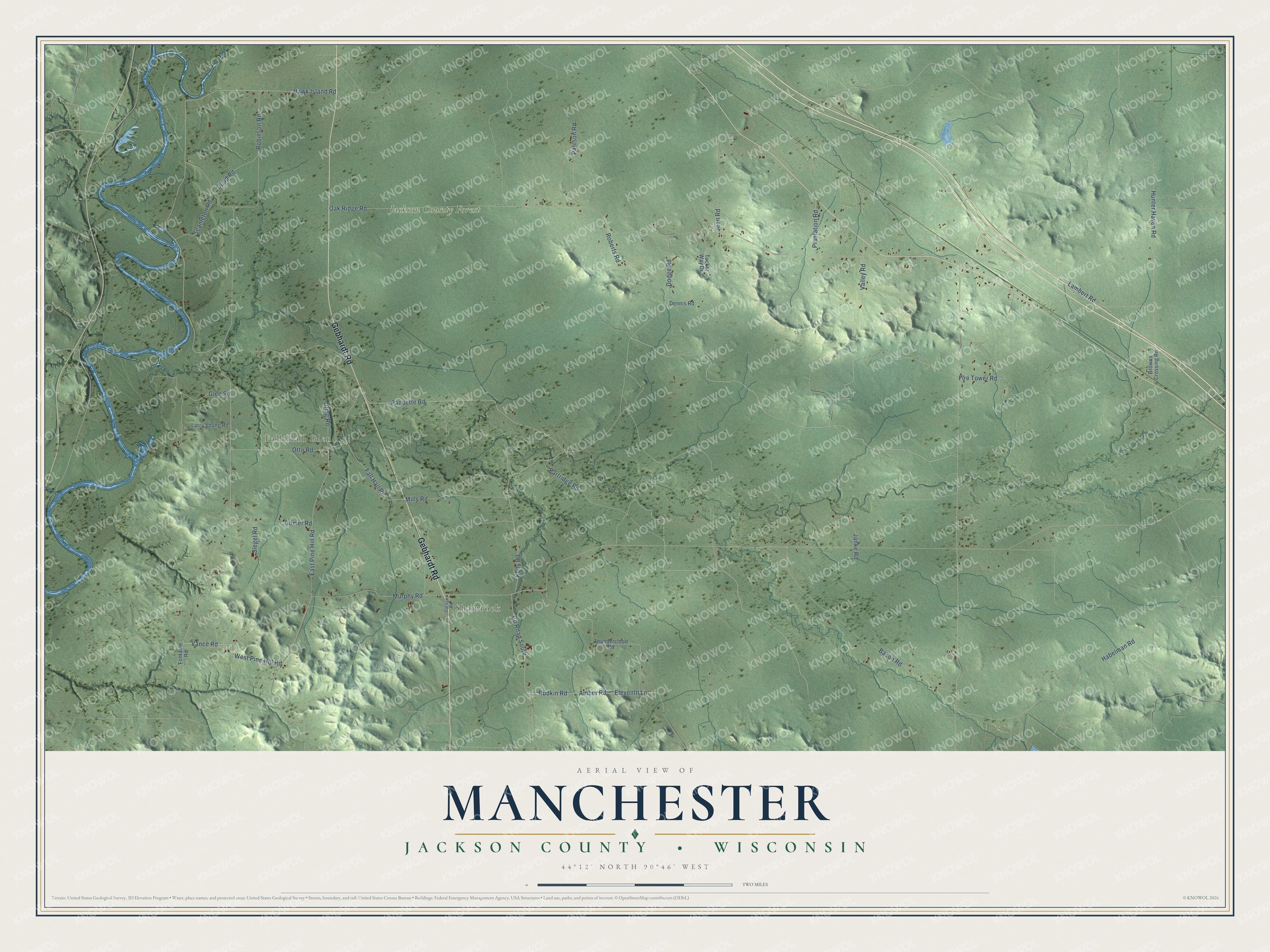 Full map of Manchester, Wisconsin, with red buildings, printed street names and the land around them