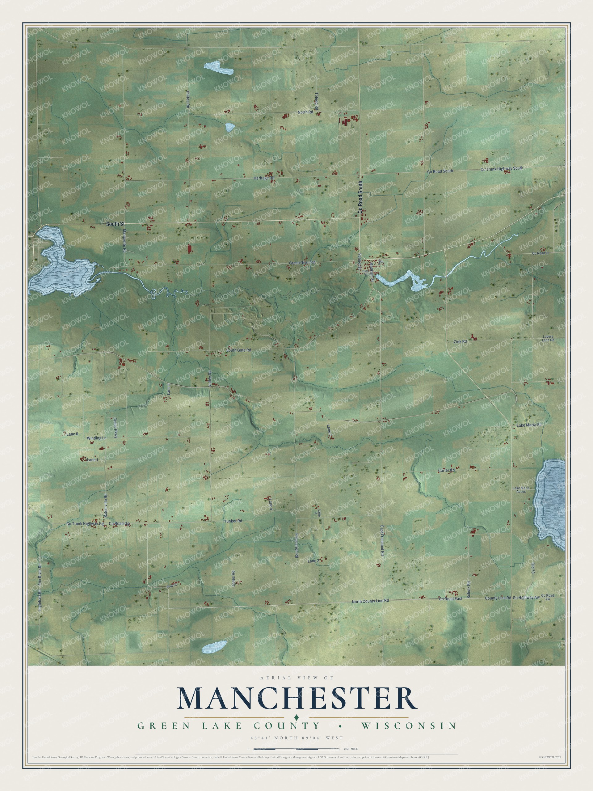 Full map of Manchester, Wisconsin, with red buildings, printed street names and the land around them
