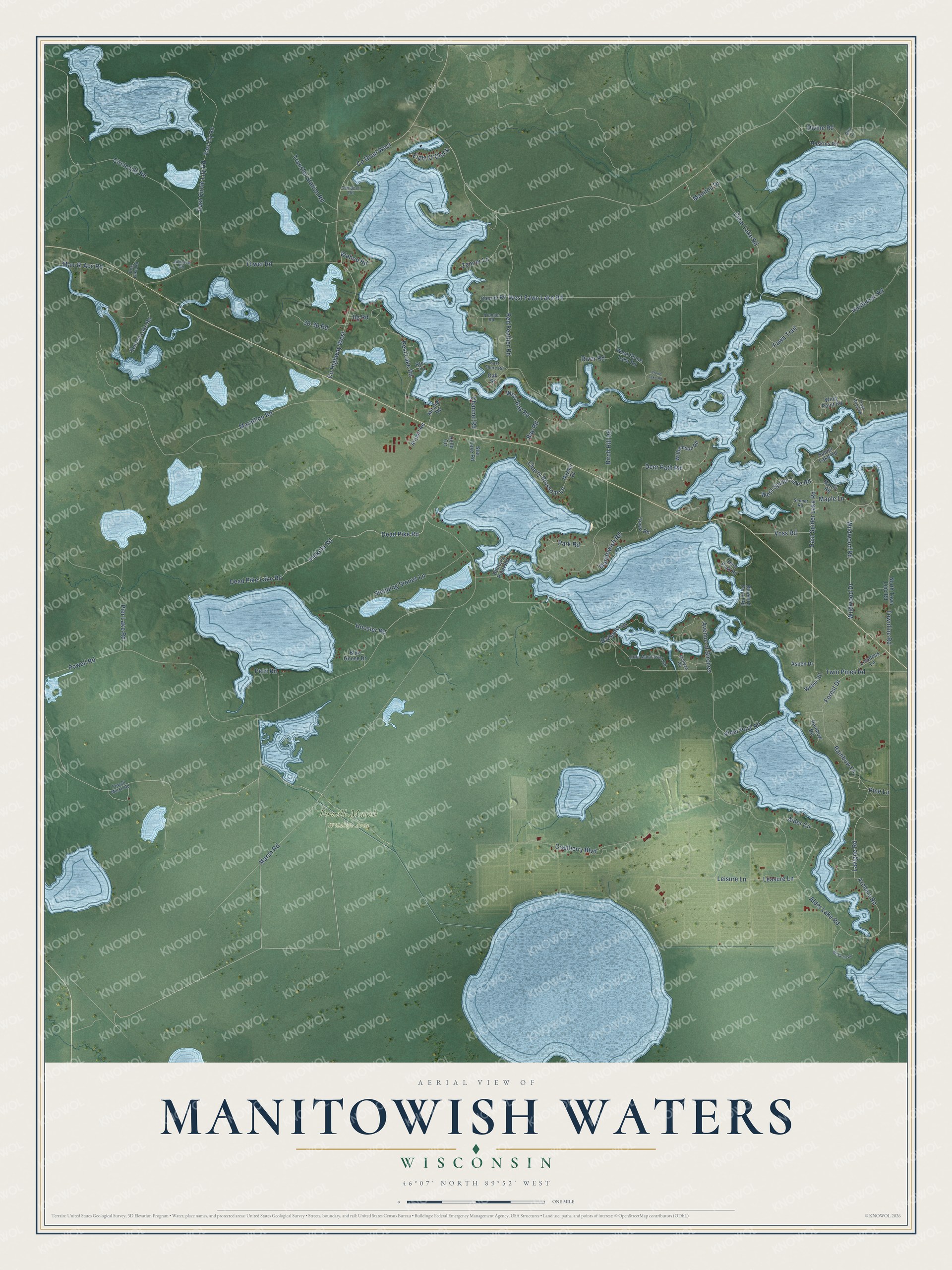Full map of Manitowish Waters, Wisconsin, with red buildings, printed street names and the land around them