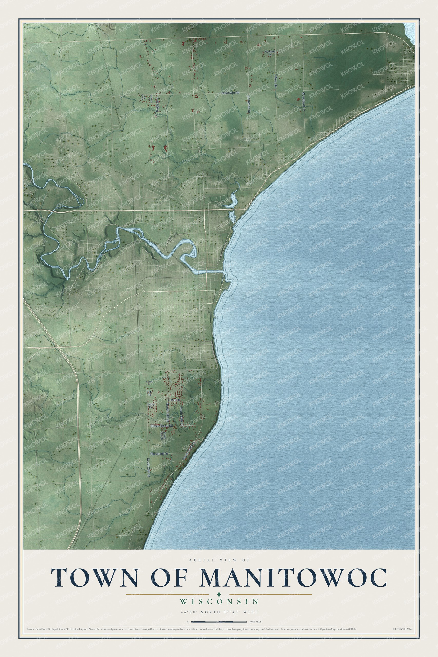 Full map of Manitowoc, Wisconsin, with red buildings, printed street names and the land around them