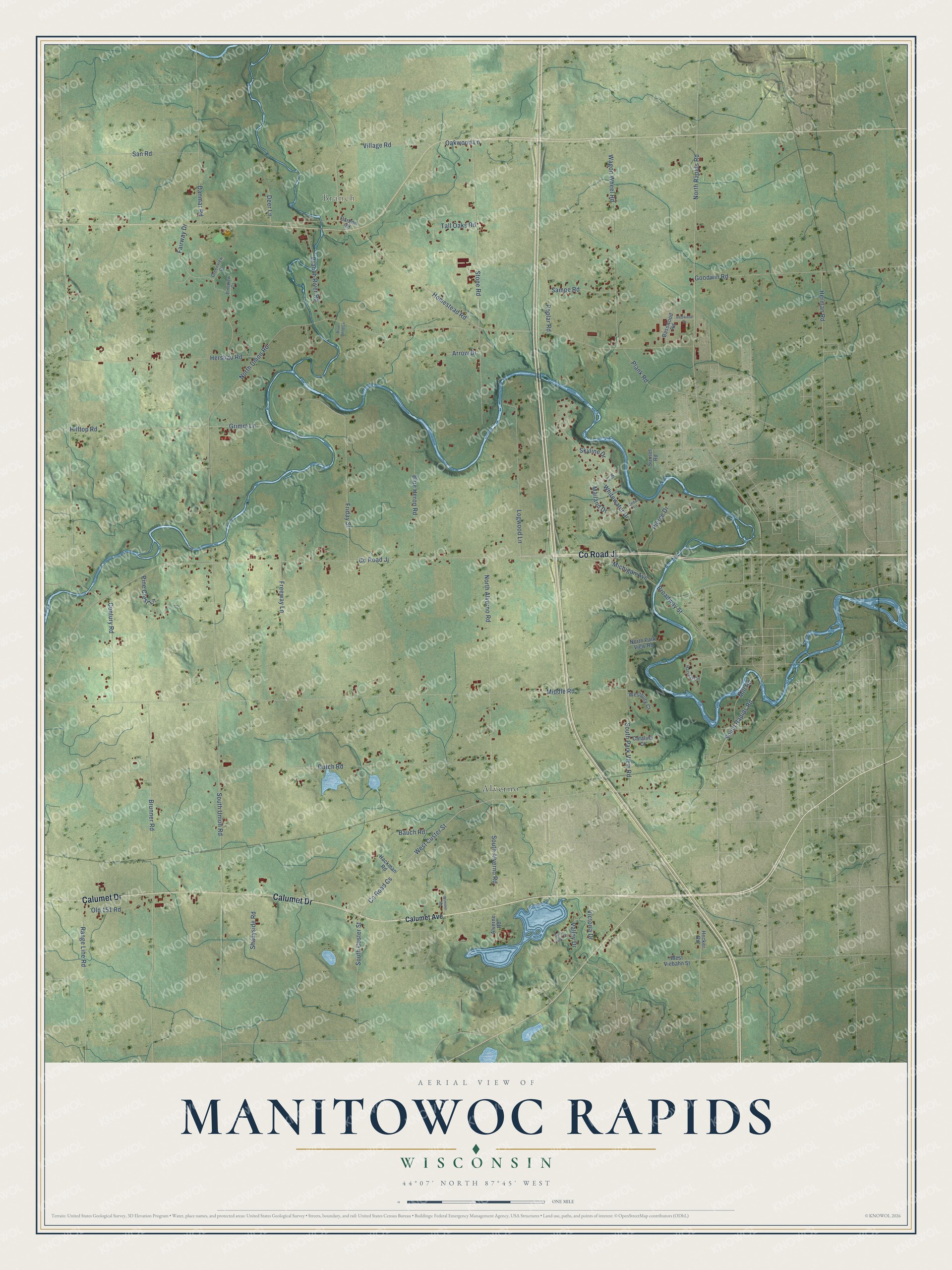 Full map of Manitowoc Rapids, Wisconsin, with red buildings, printed street names and the land around them