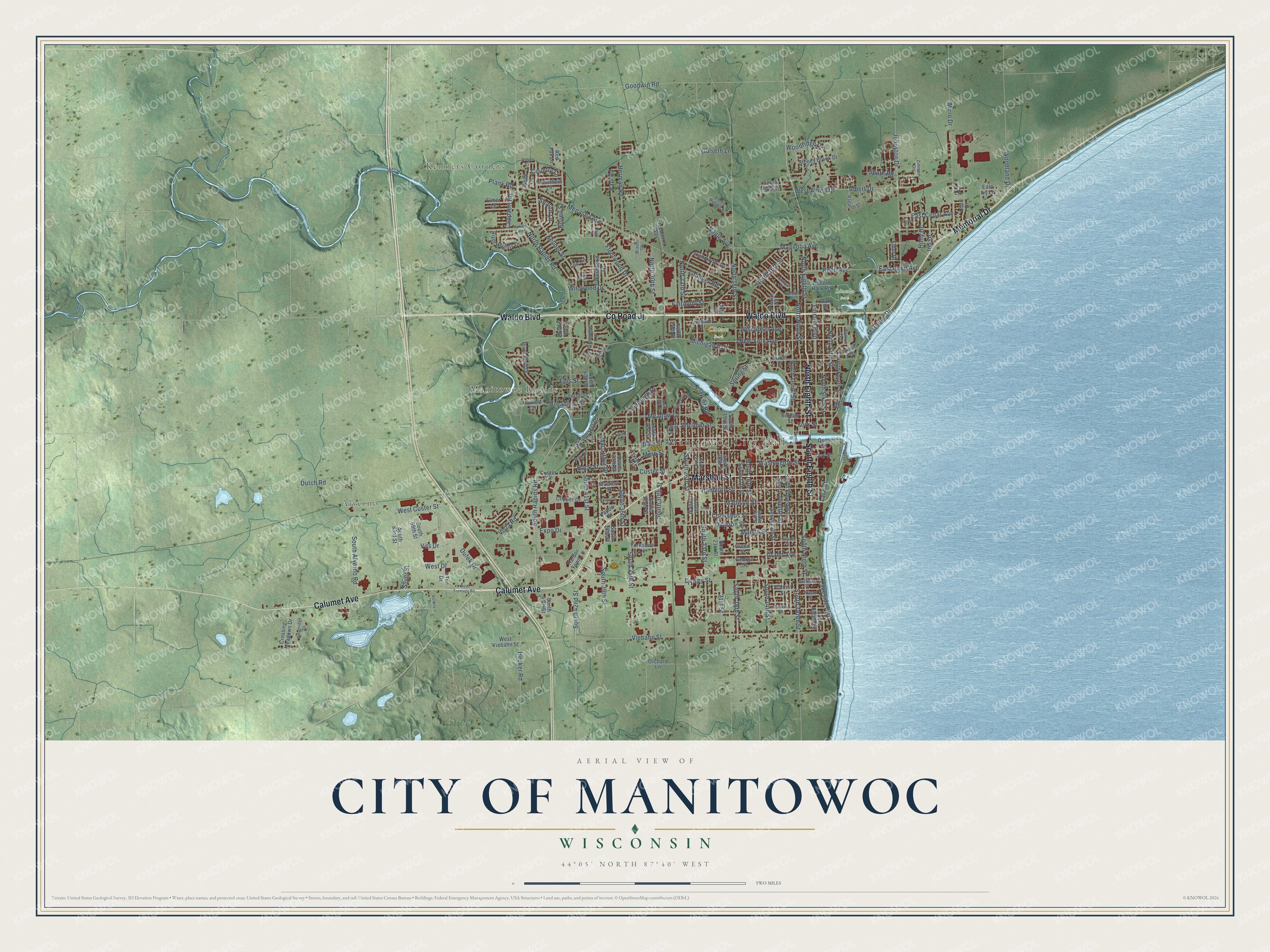 Full map of Manitowoc, Wisconsin, with red buildings, printed street names and the land around them
