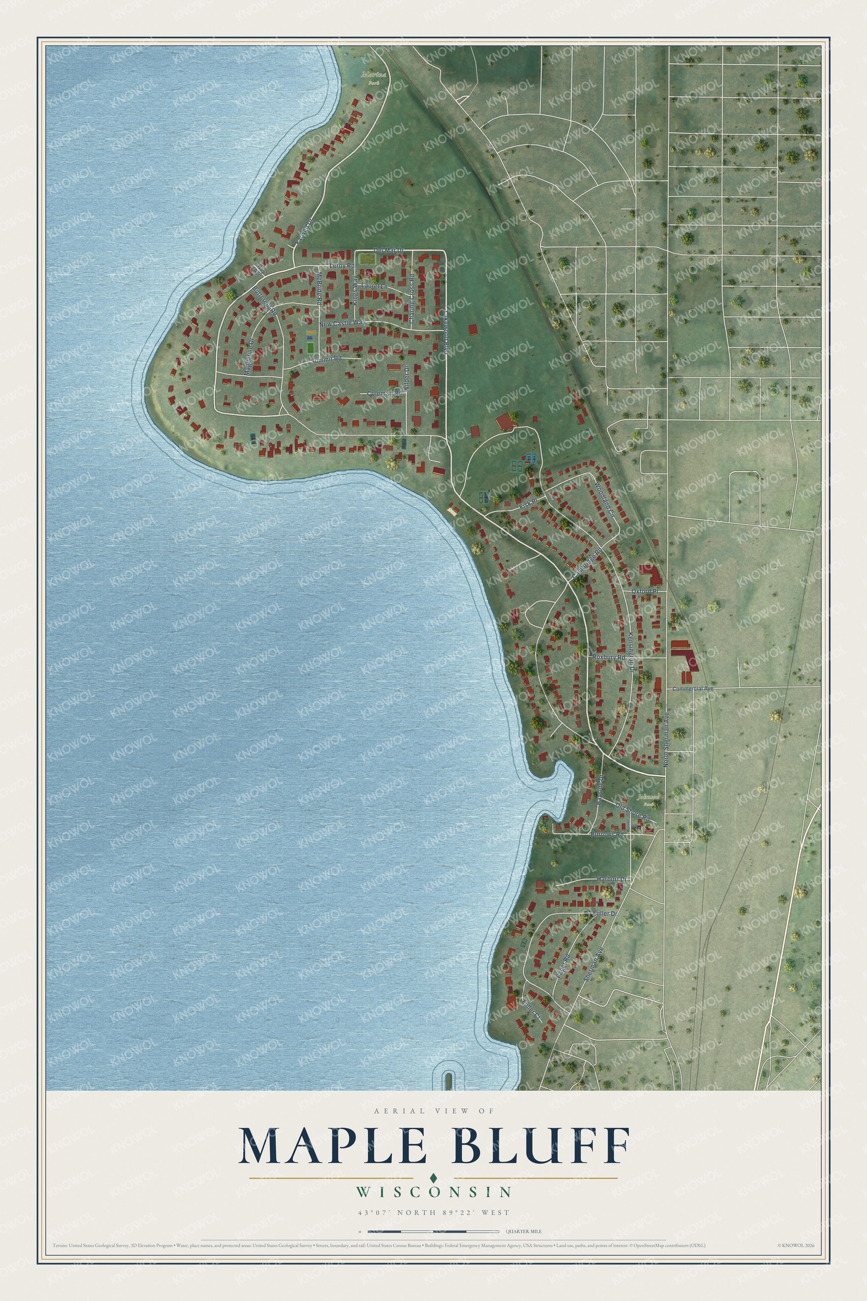 Full map of Maple Bluff, Wisconsin, with red buildings, printed street names and the land around them