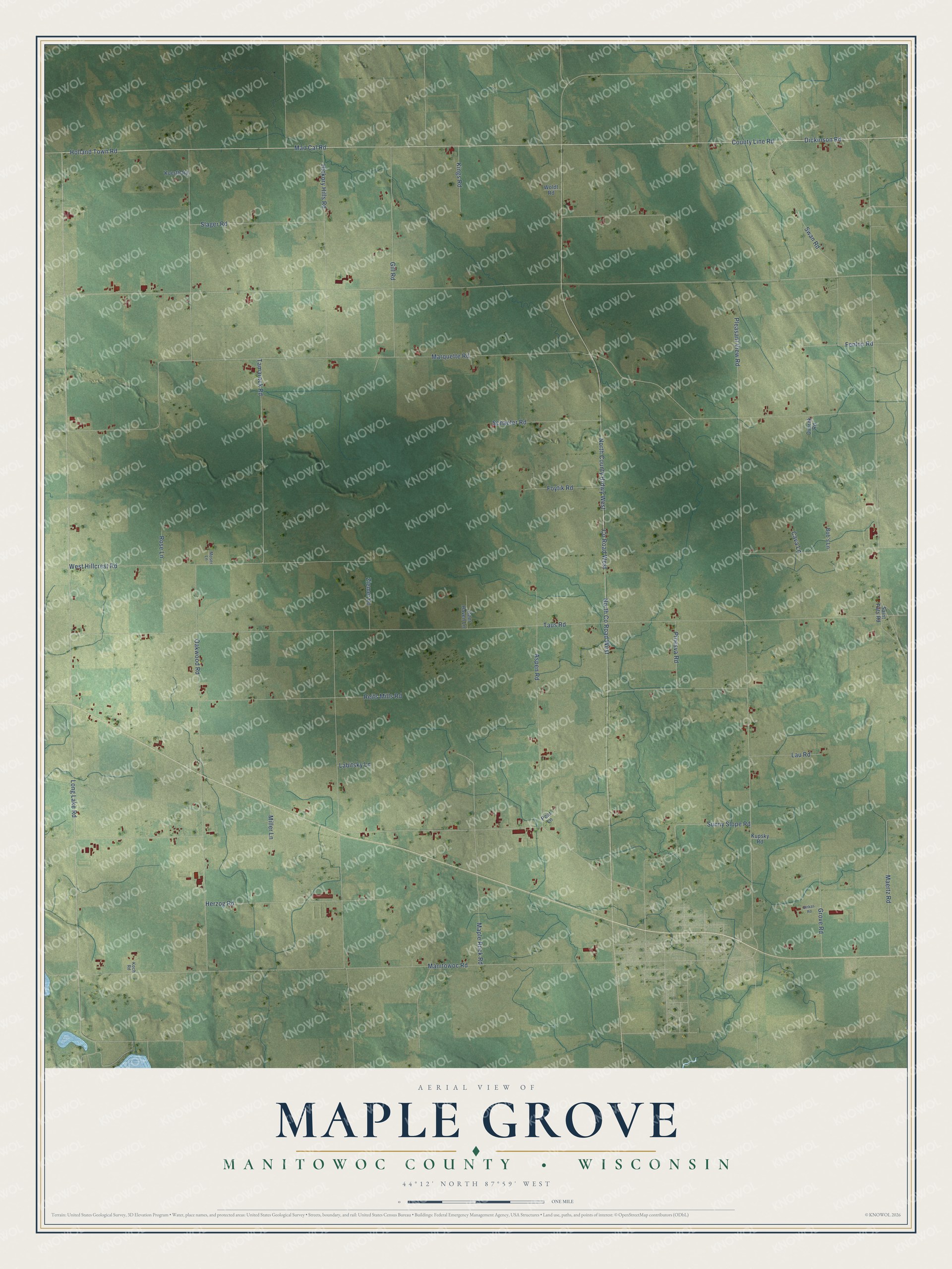 Full map of Maple Grove, Wisconsin, with red buildings, printed street names and the land around them