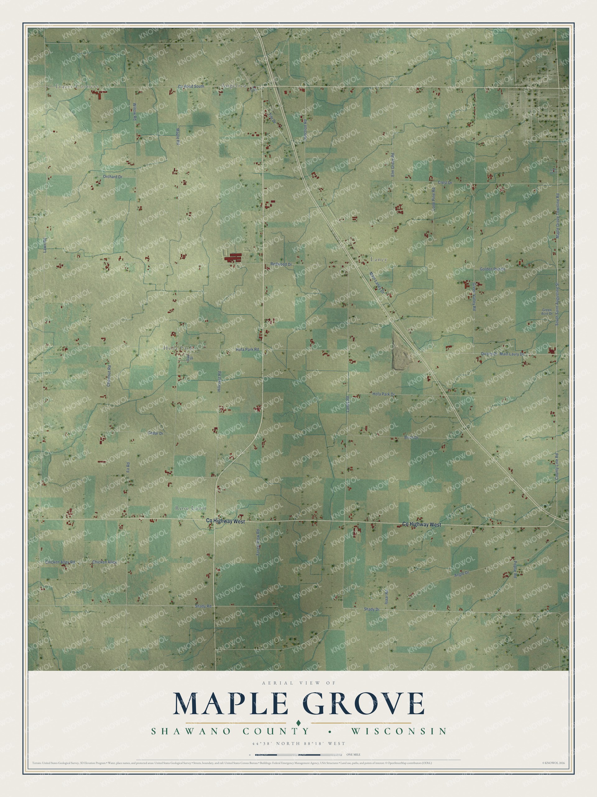 Full map of Maple Grove, Wisconsin, with red buildings, printed street names and the land around them