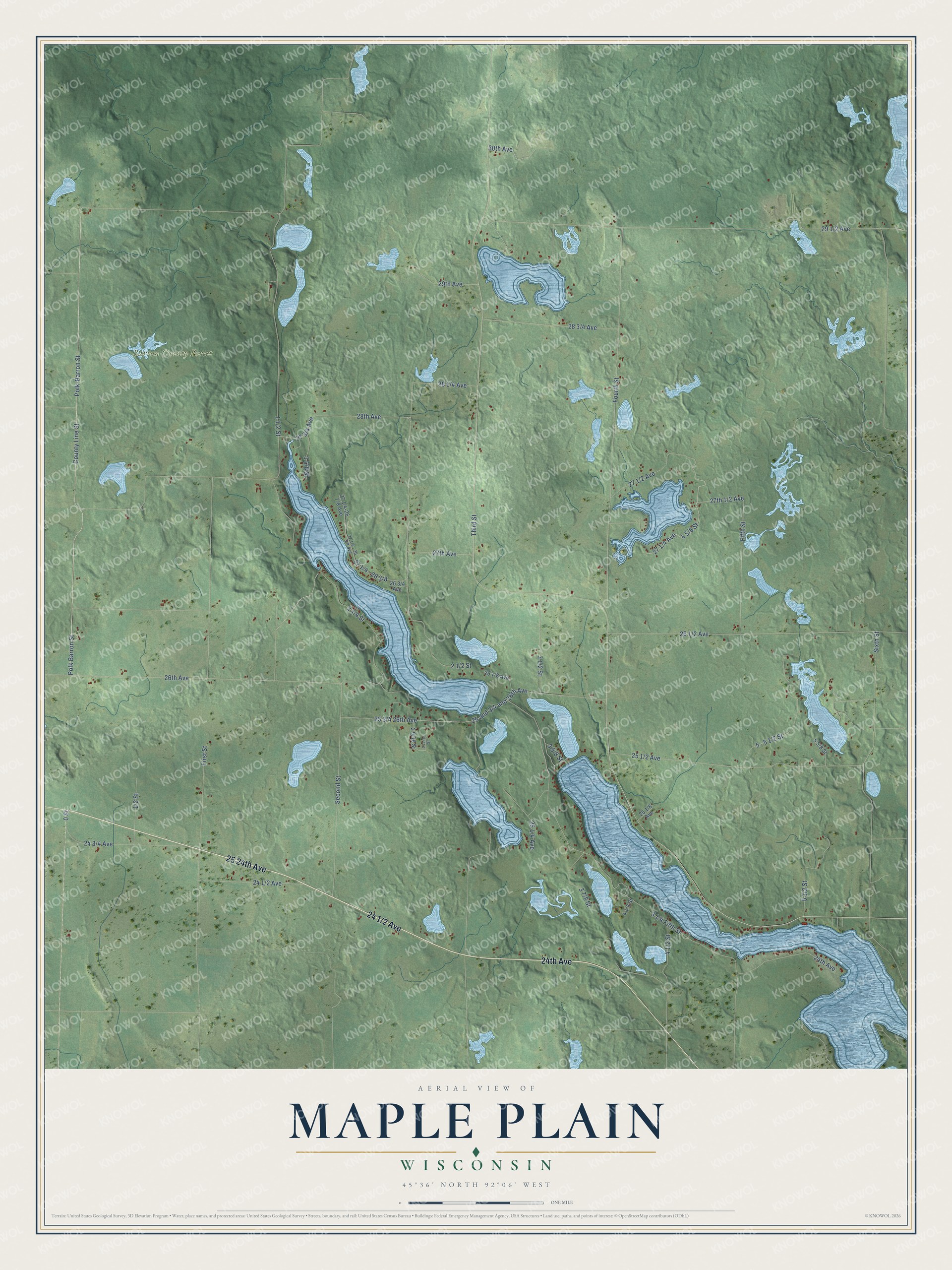 Full map of Maple Plain, Wisconsin, with red buildings, printed street names and the land around them