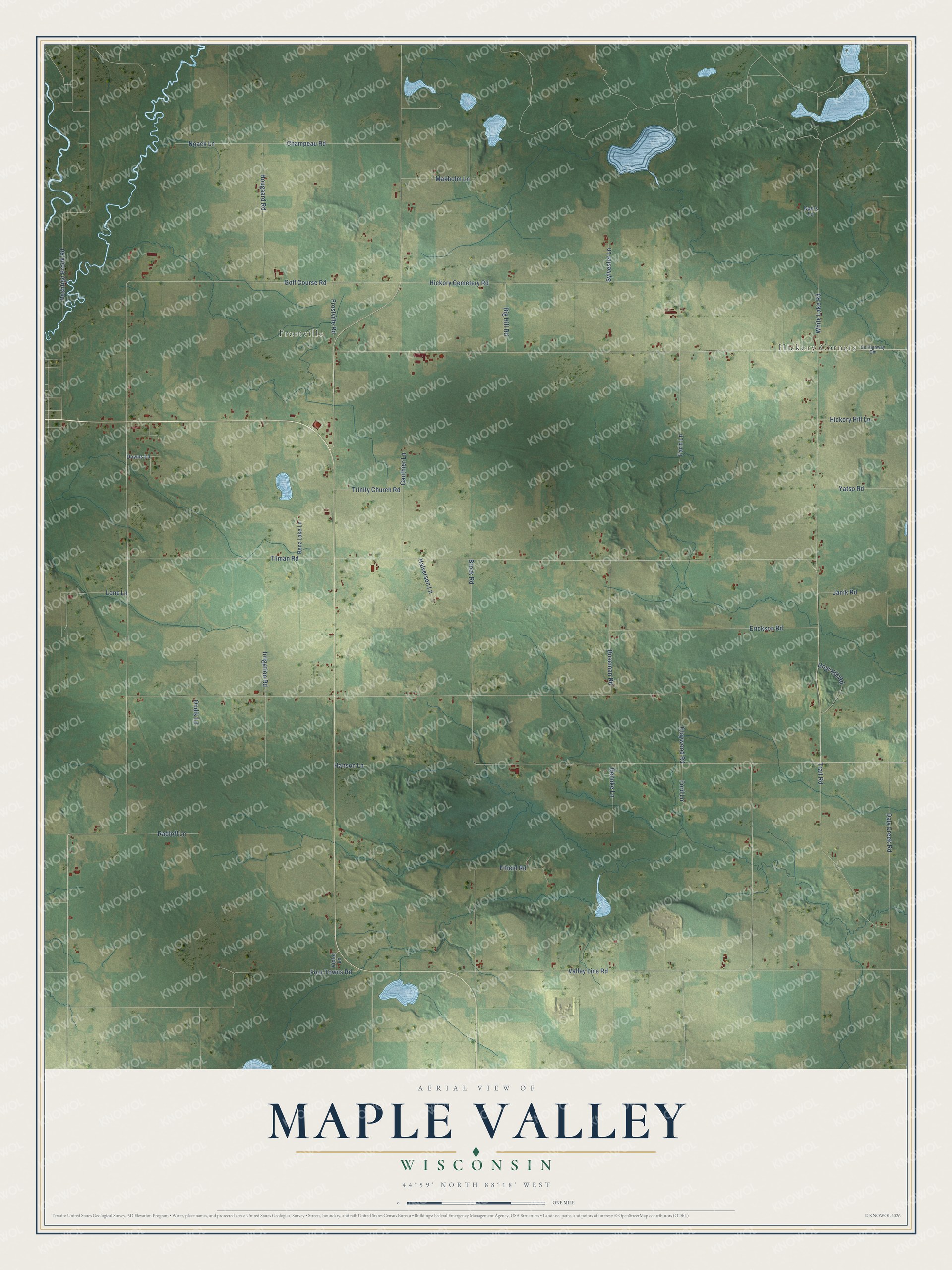 Full map of Maple Valley, Wisconsin, with red buildings, printed street names and the land around them