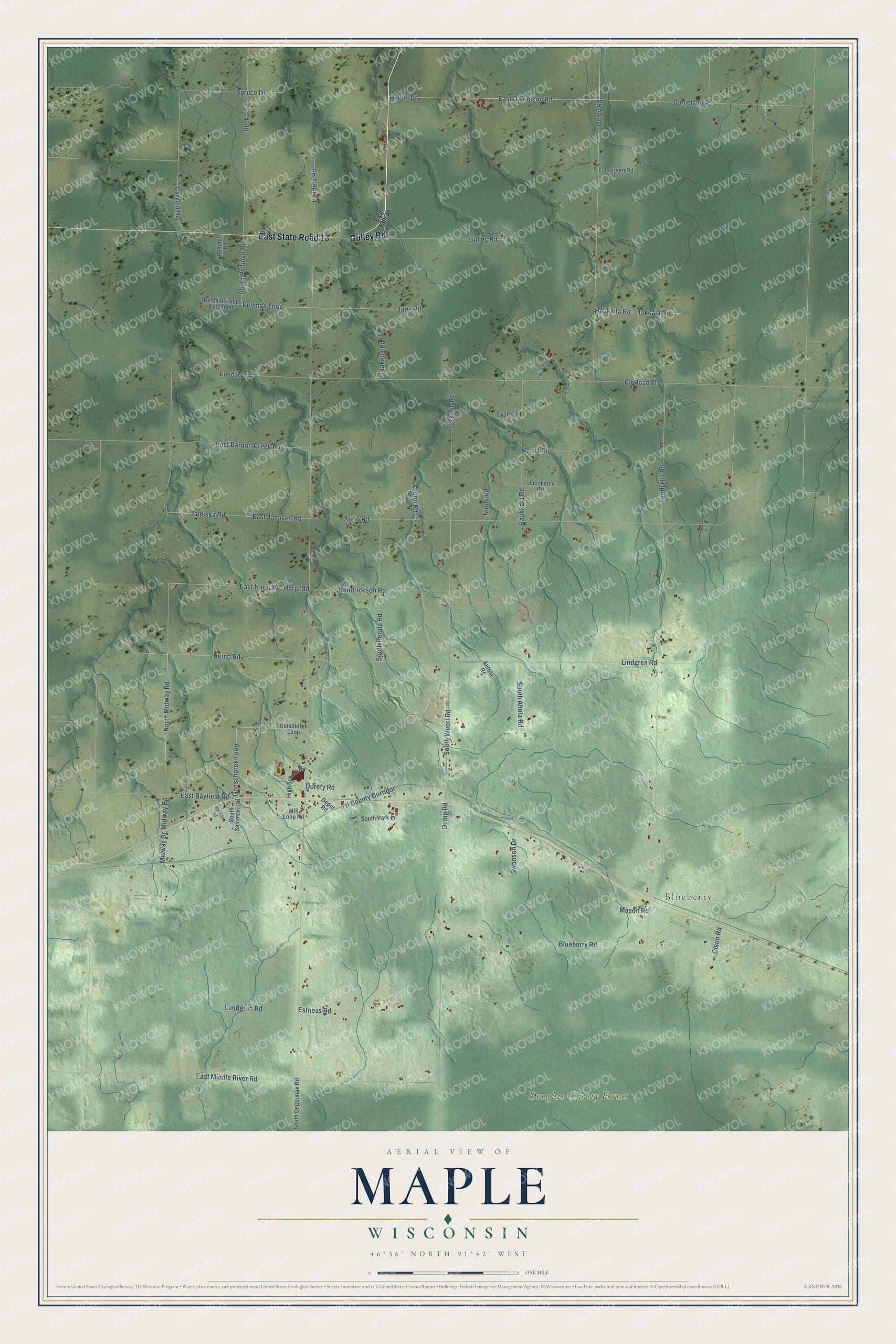 Full map of Maple, Wisconsin, with red buildings, printed street names and the land around them
