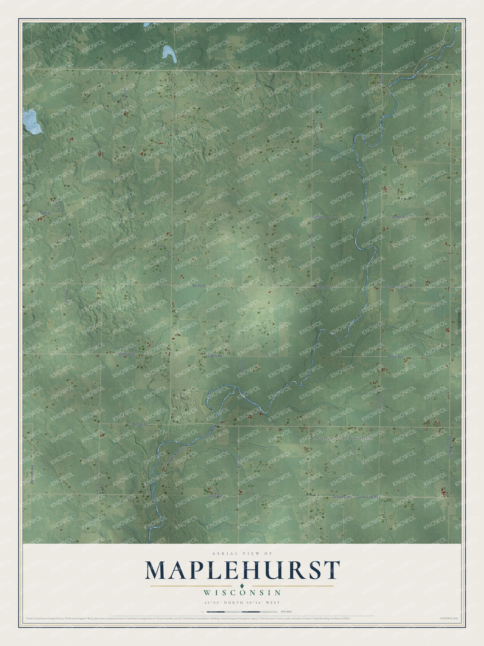 Full map of Maplehurst, Wisconsin, with red buildings, printed street names and the land around them