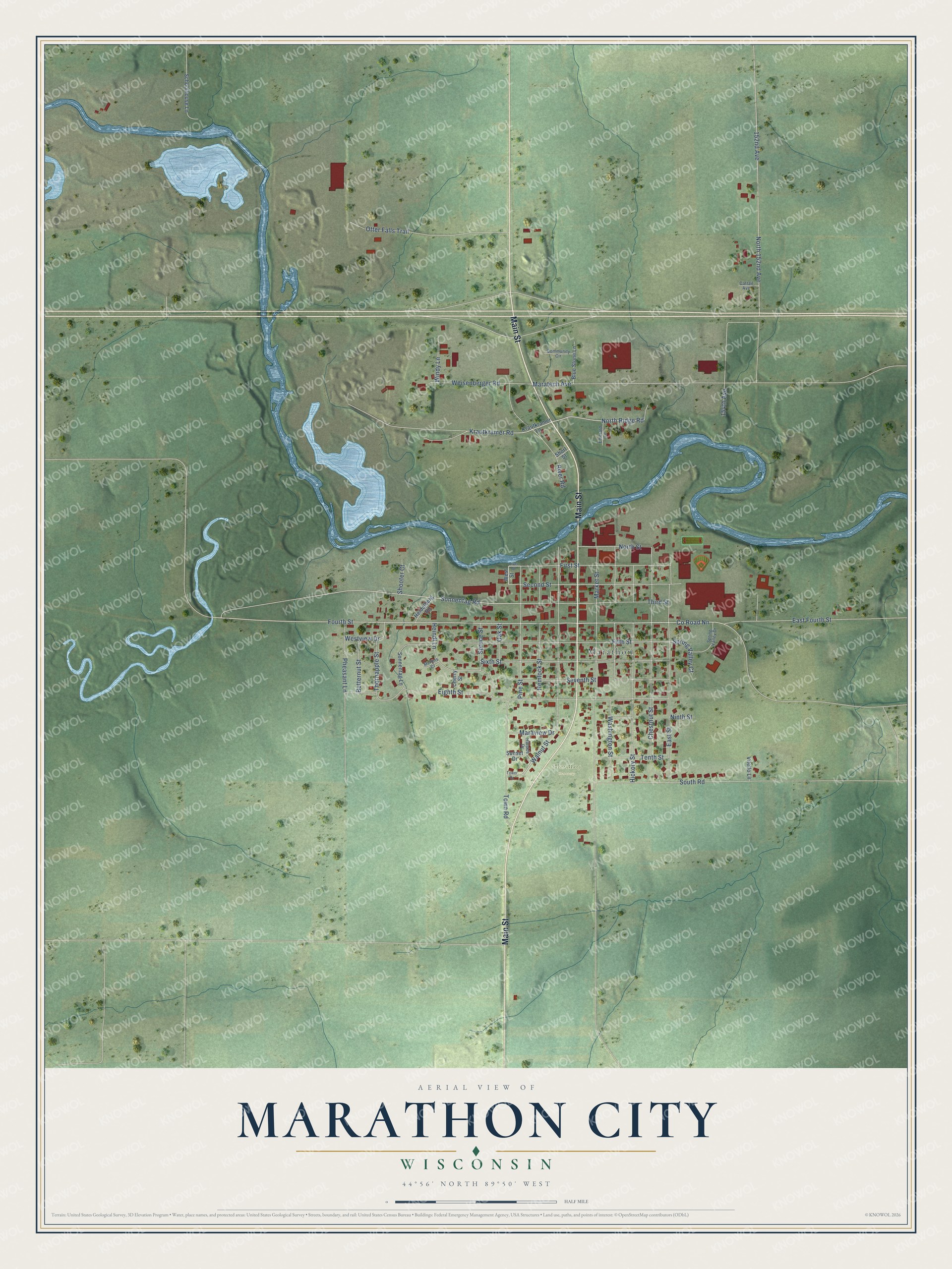 Full map of Marathon City, Wisconsin, with red buildings, printed street names and the land around them