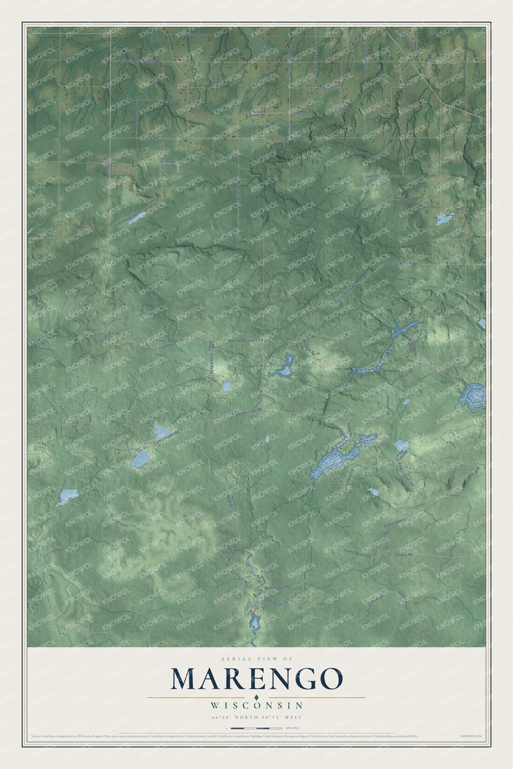 Full map of Marengo, Wisconsin, with red buildings, printed street names and the land around them