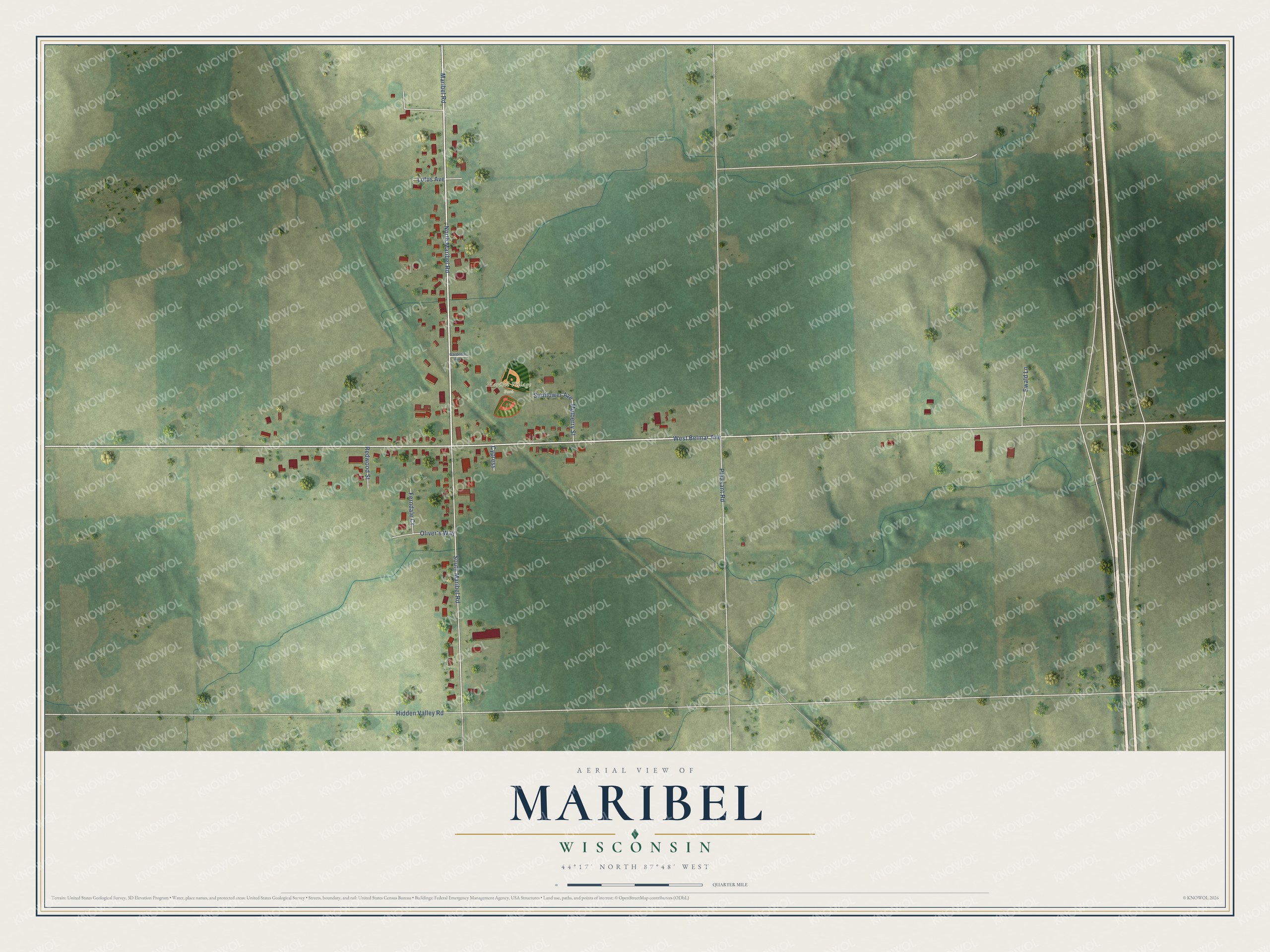 Full map of Maribel, Wisconsin, with red buildings, printed street names and the land around them