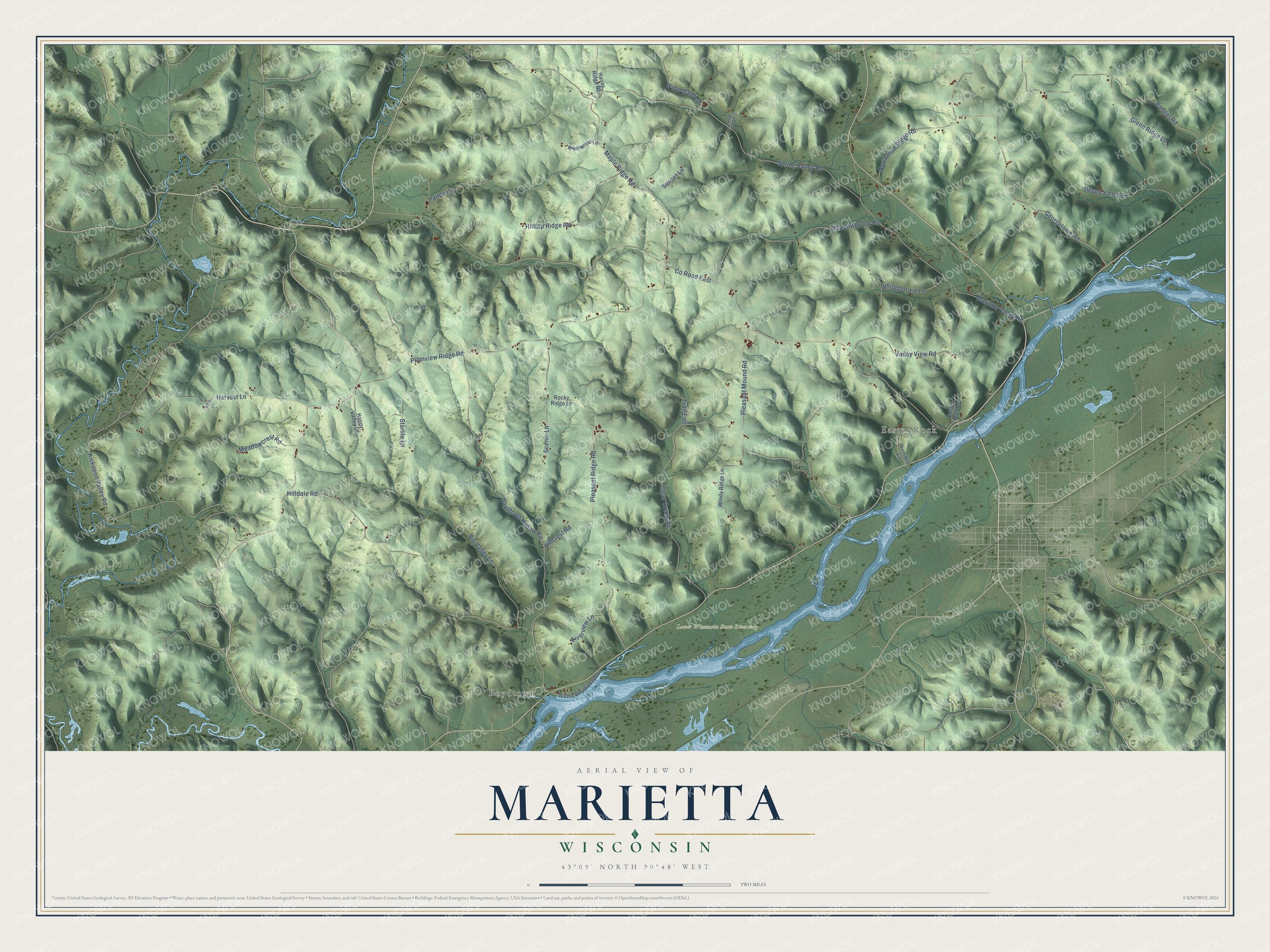 Full map of Marietta, Wisconsin, with red buildings, printed street names and the land around them
