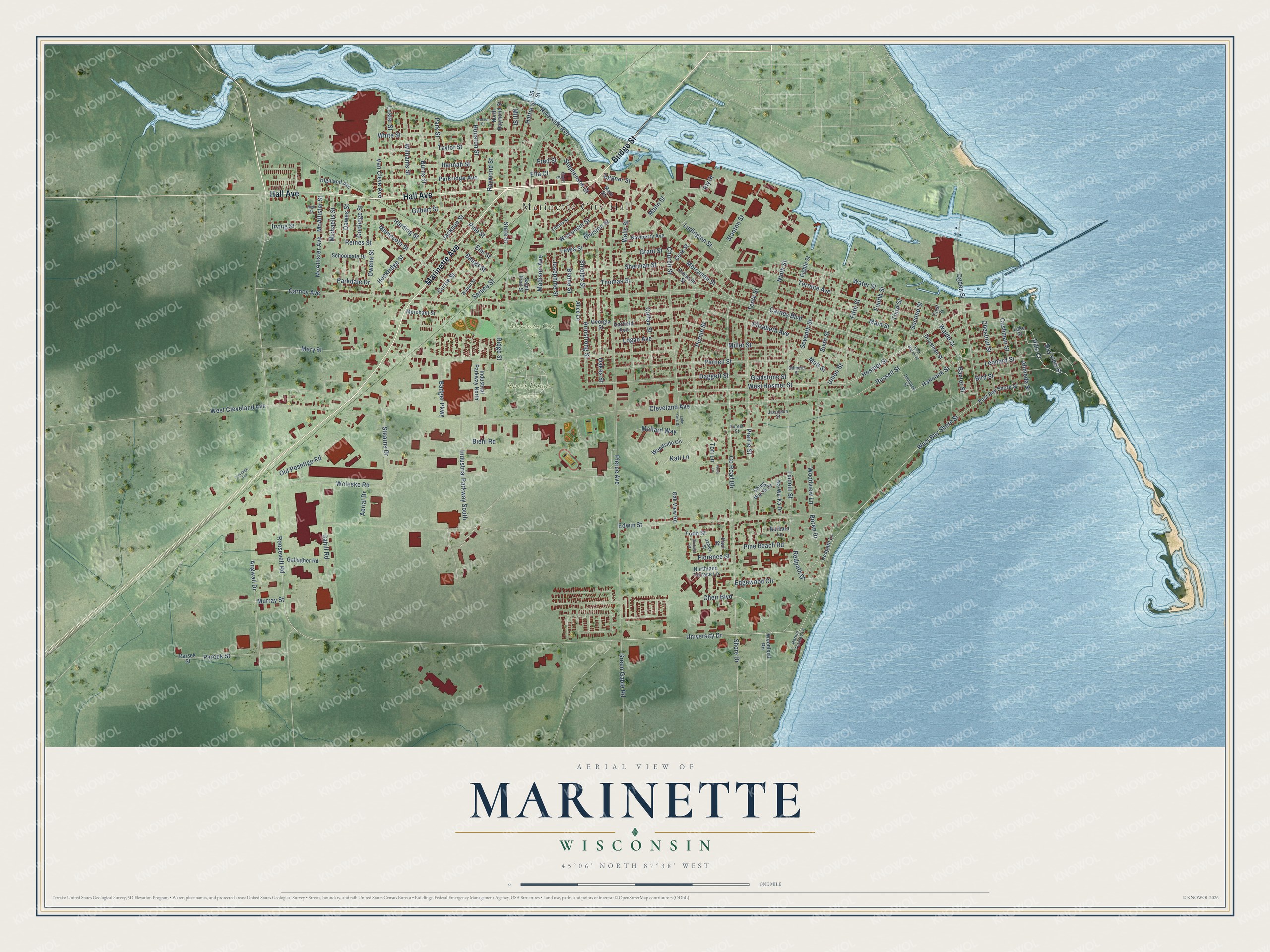 Full map of Marinette, Wisconsin, with red buildings, printed street names and the land around them