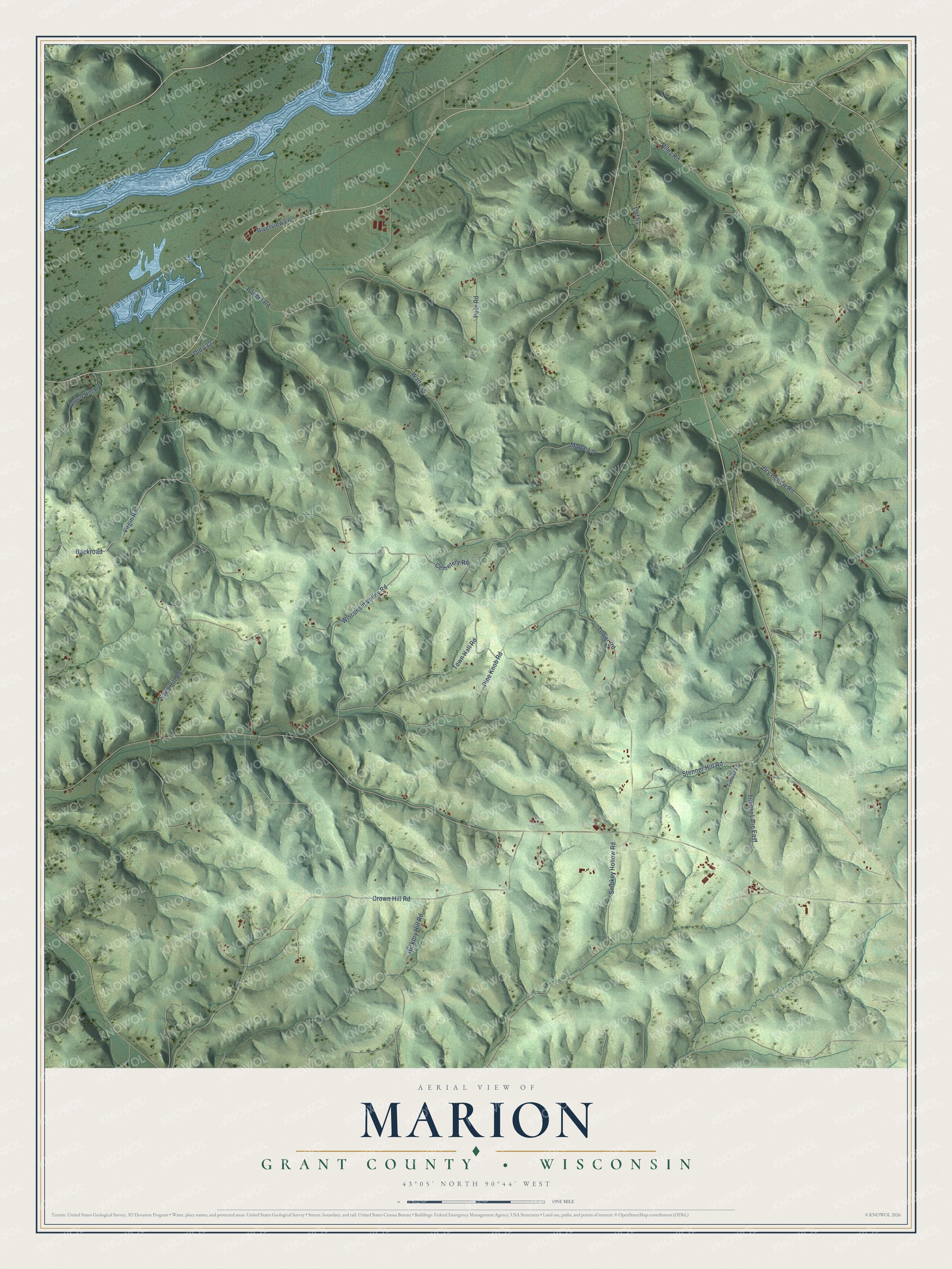 Full map of Marion, Wisconsin, with red buildings, printed street names and the land around them
