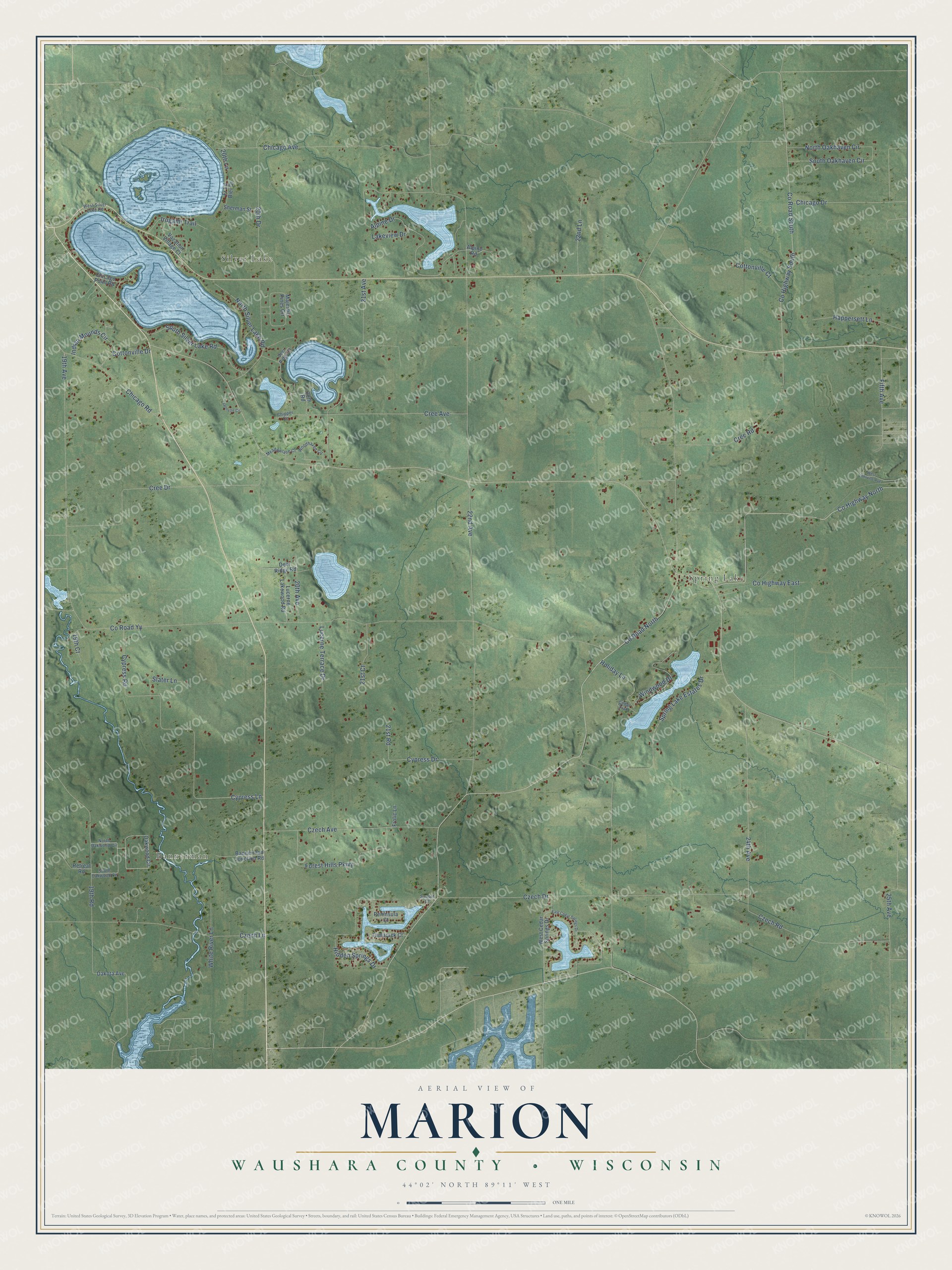Full map of Marion, Wisconsin, with red buildings, printed street names and the land around them
