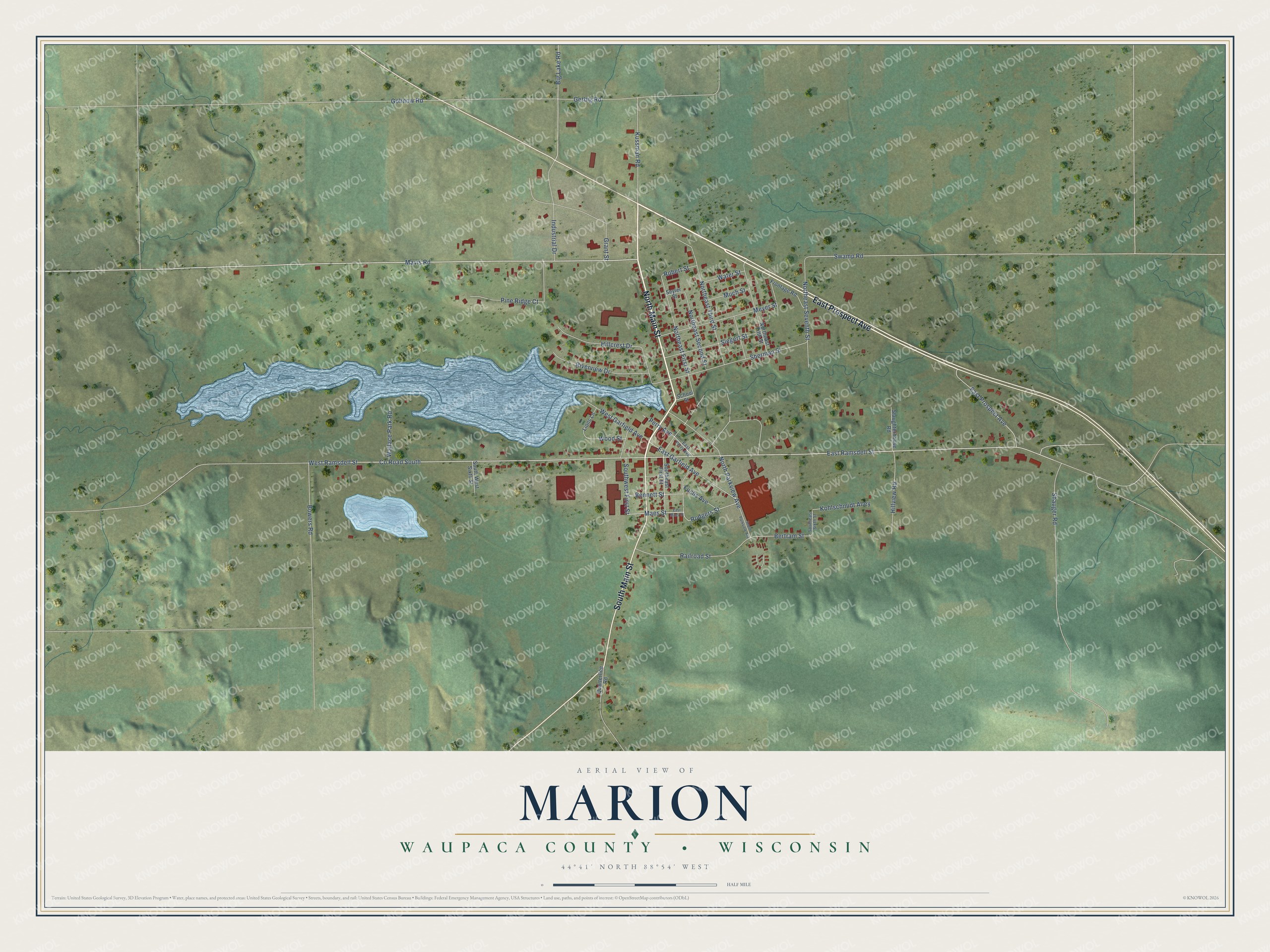 Full map of Marion, Wisconsin, with red buildings, printed street names and the land around them