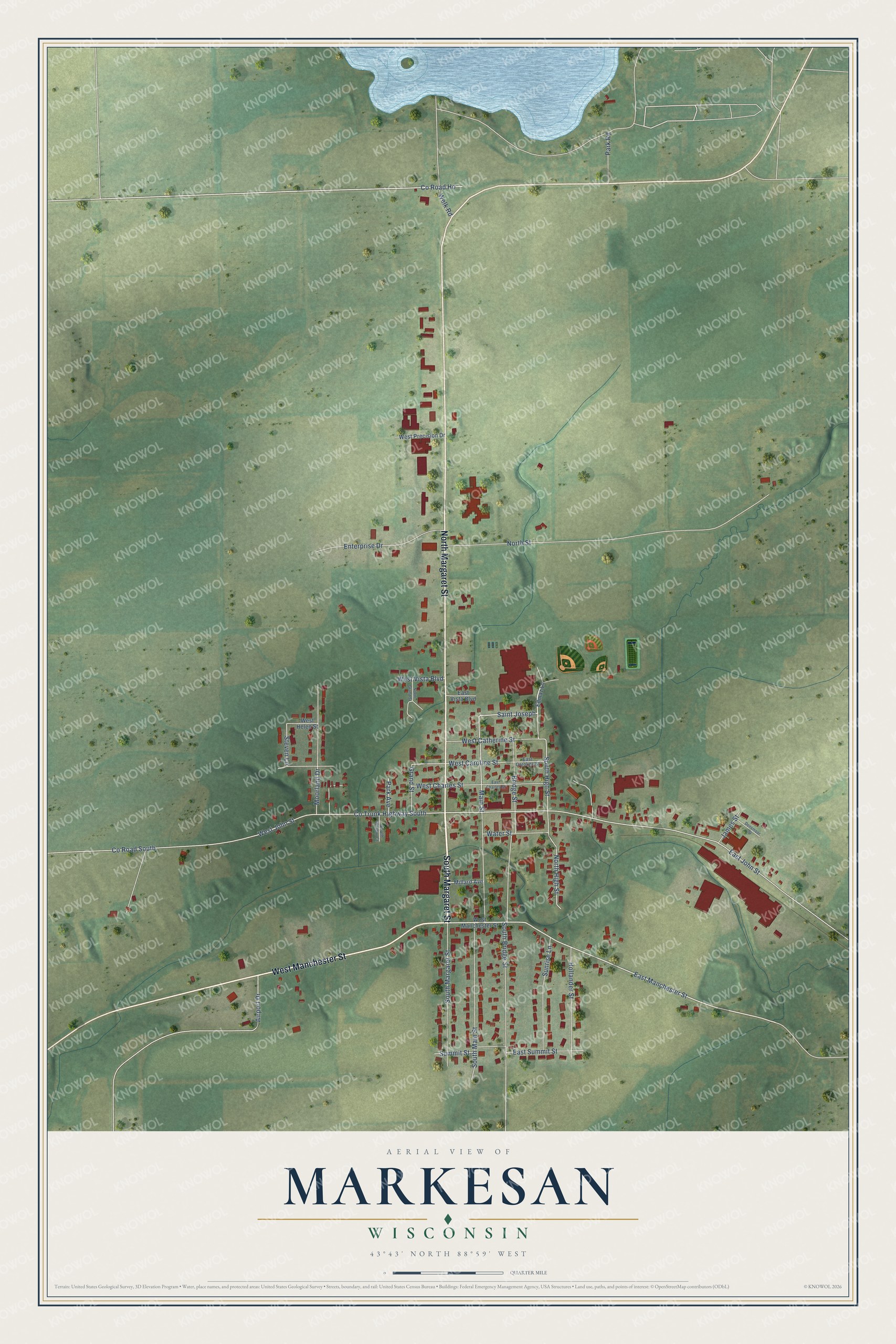 Full map of Markesan, Wisconsin, with red buildings, printed street names and the land around them