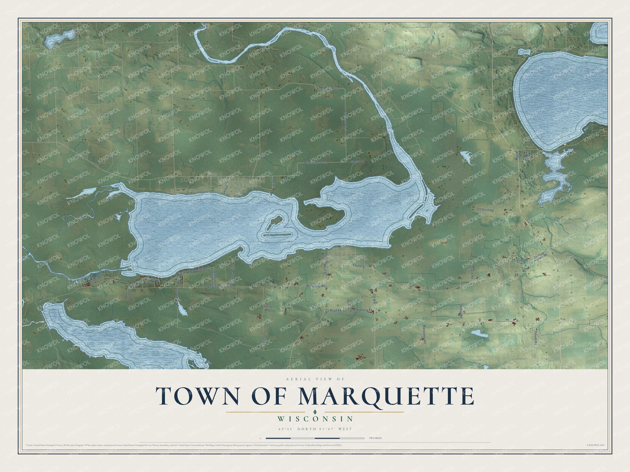 Full map of Marquette, Wisconsin, with red buildings, printed street names and the land around them