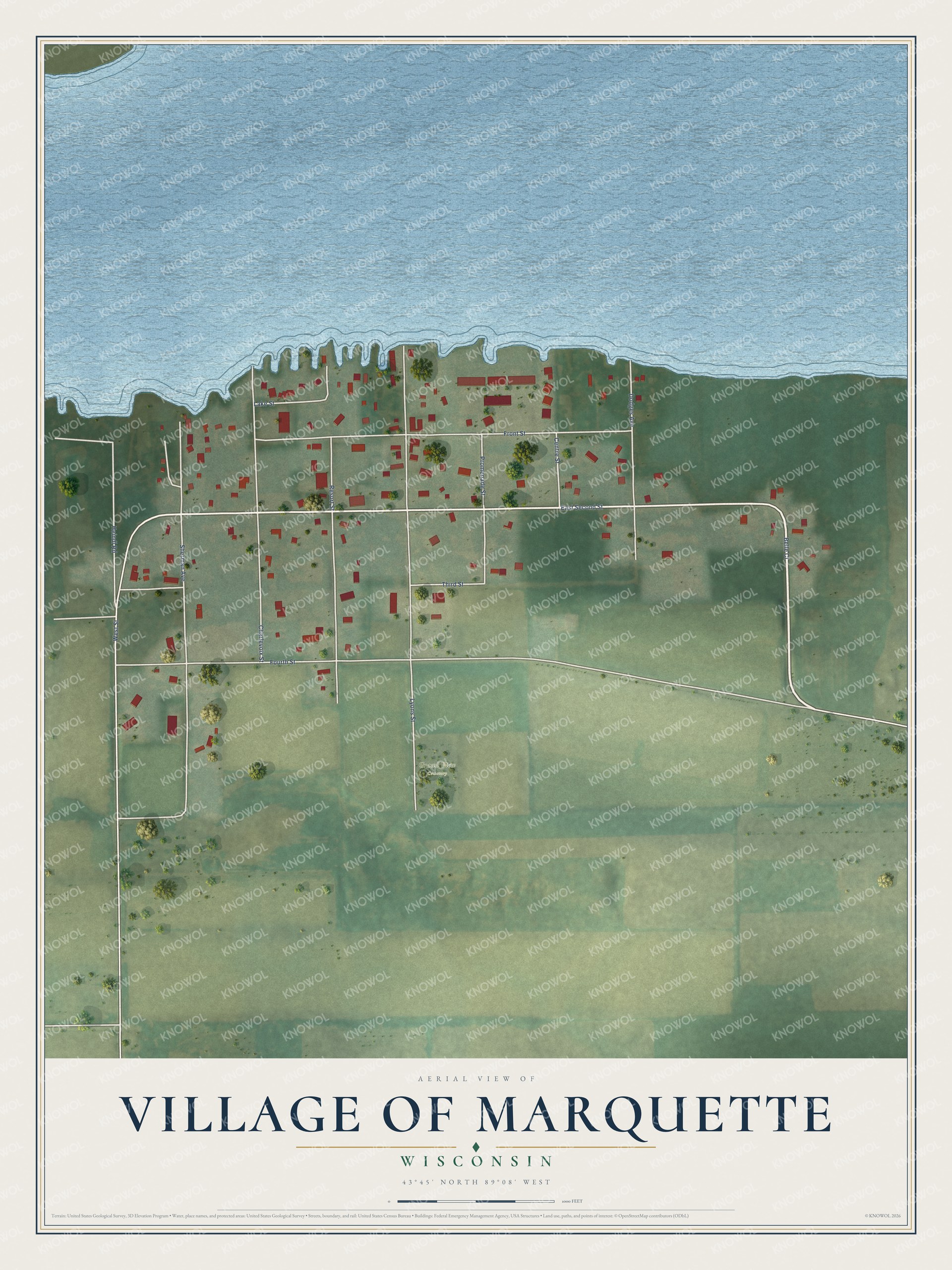 Full map of Marquette, Wisconsin, with red buildings, printed street names and the land around them