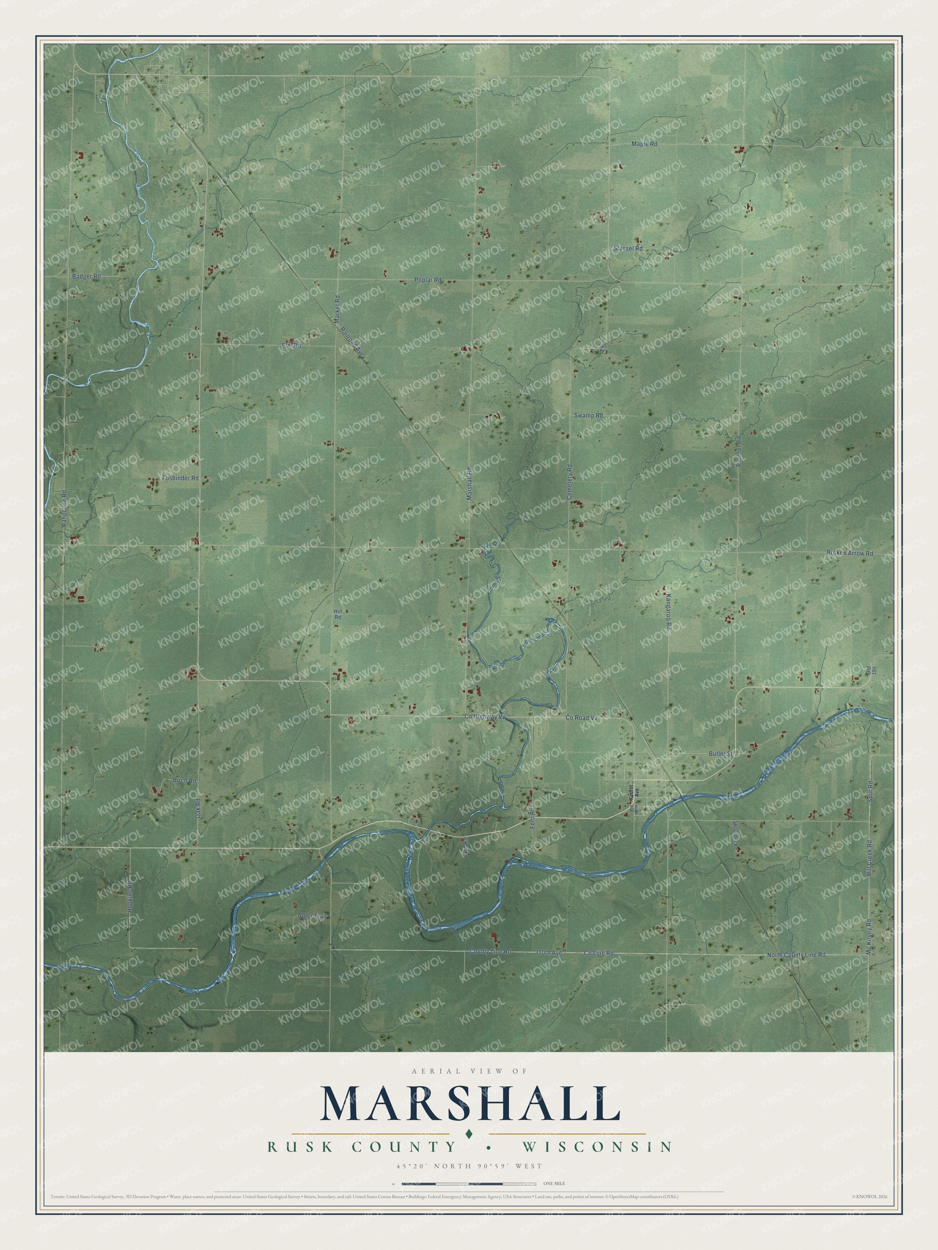 Full map of Marshall, Wisconsin, with red buildings, printed street names and the land around them