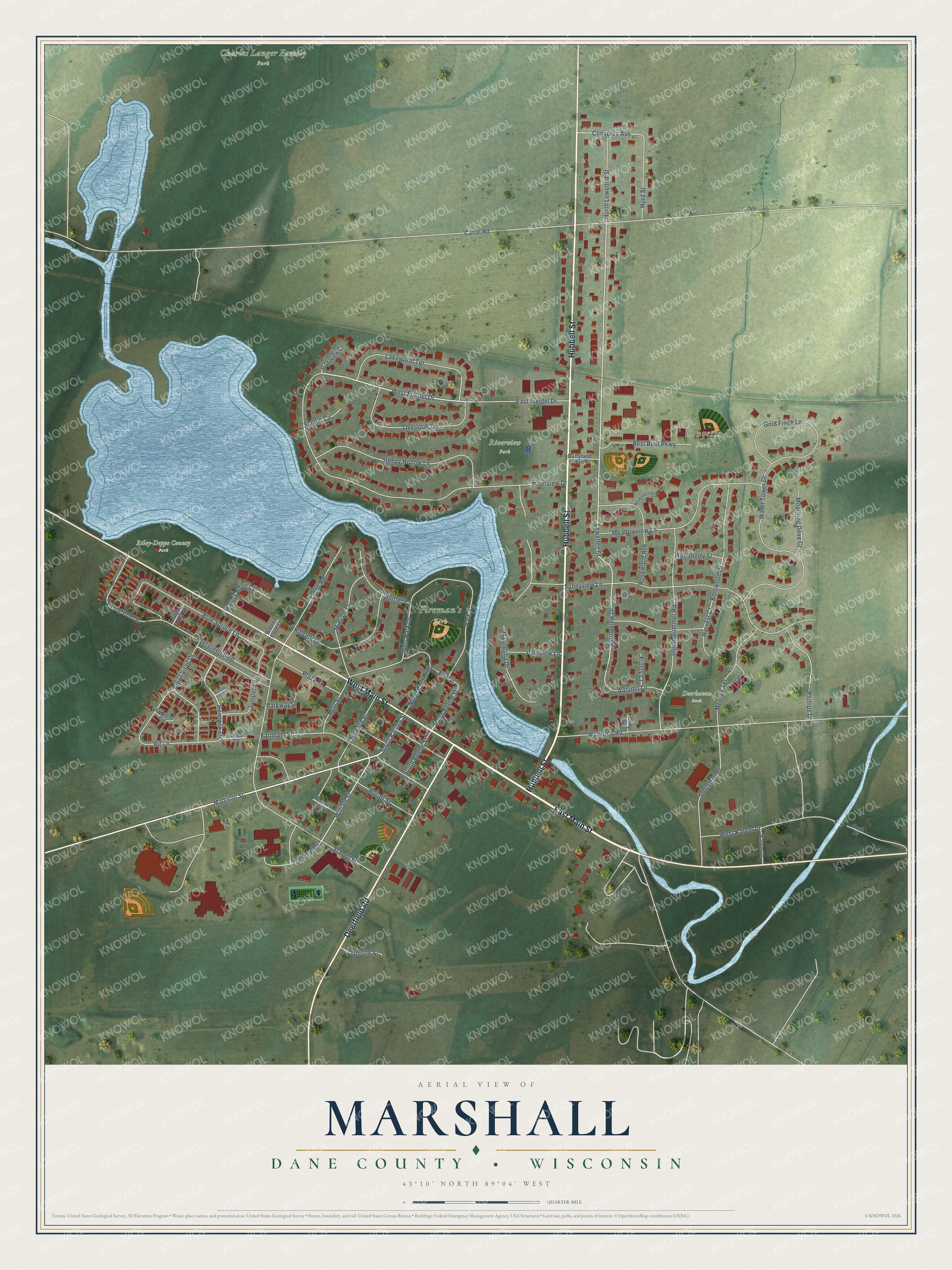 Full map of Marshall, Wisconsin, with red buildings, printed street names and the land around them