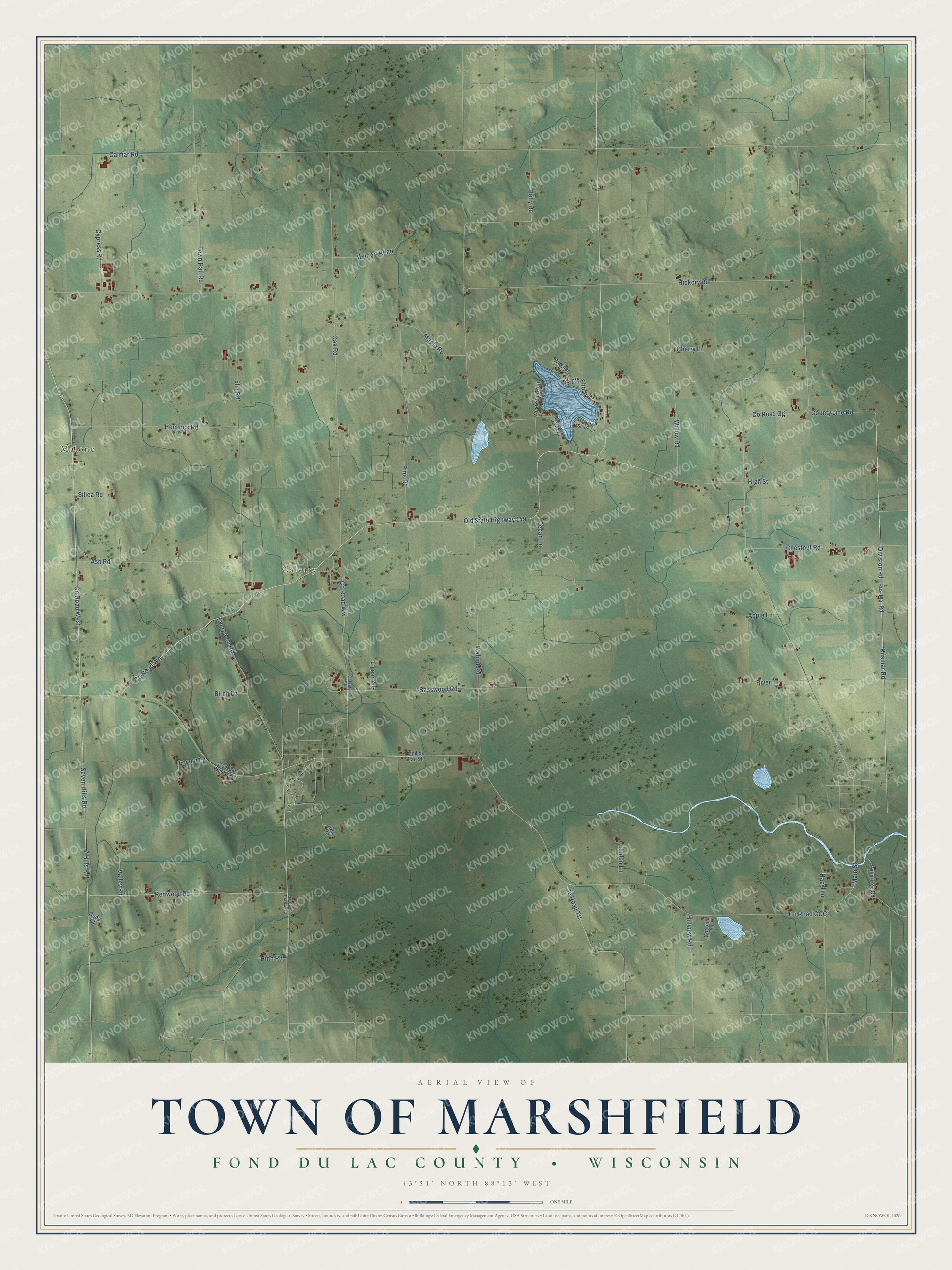 Full map of Marshfield, Wisconsin, with red buildings, printed street names and the land around them