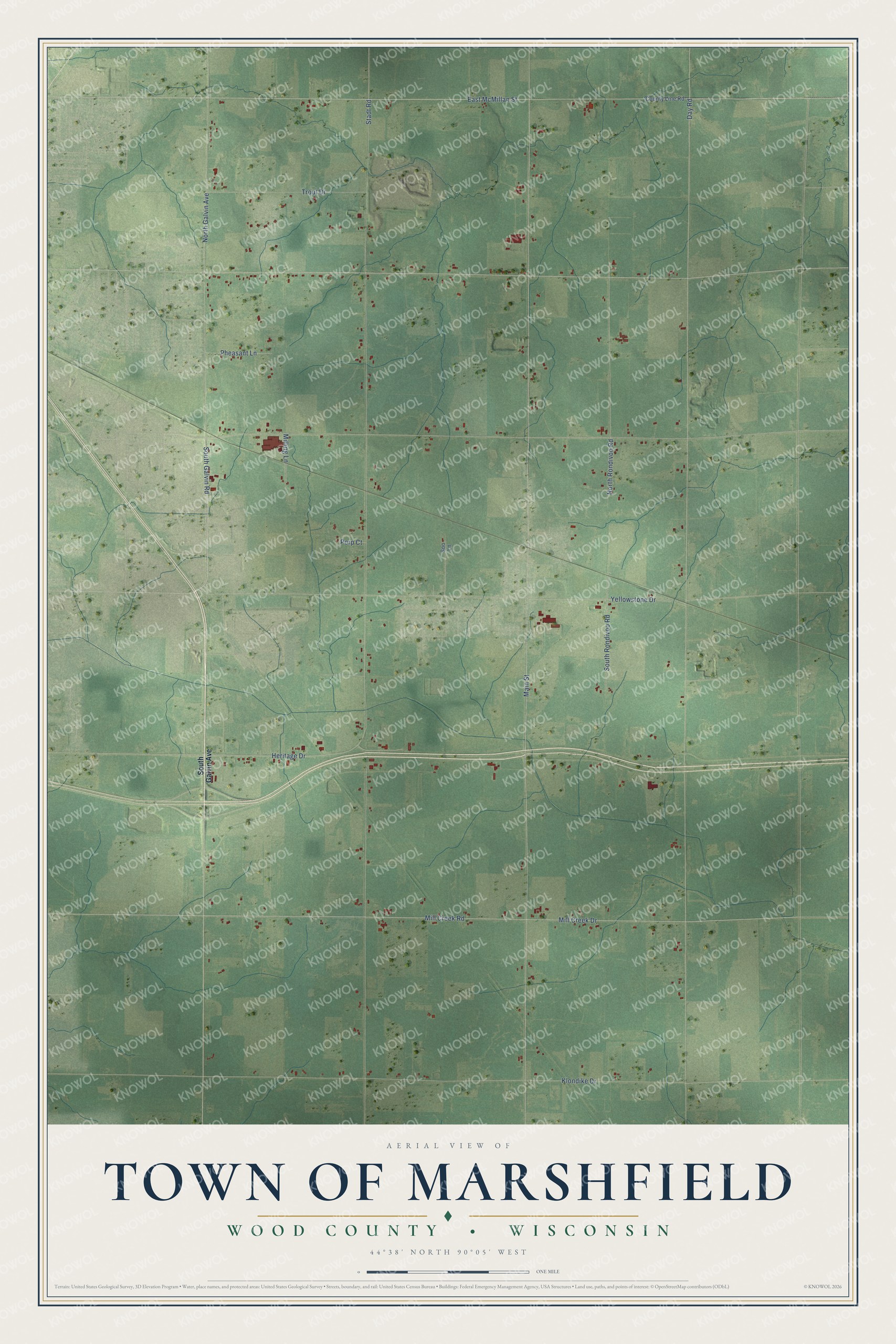 Full map of Marshfield, Wisconsin, with red buildings, printed street names and the land around them