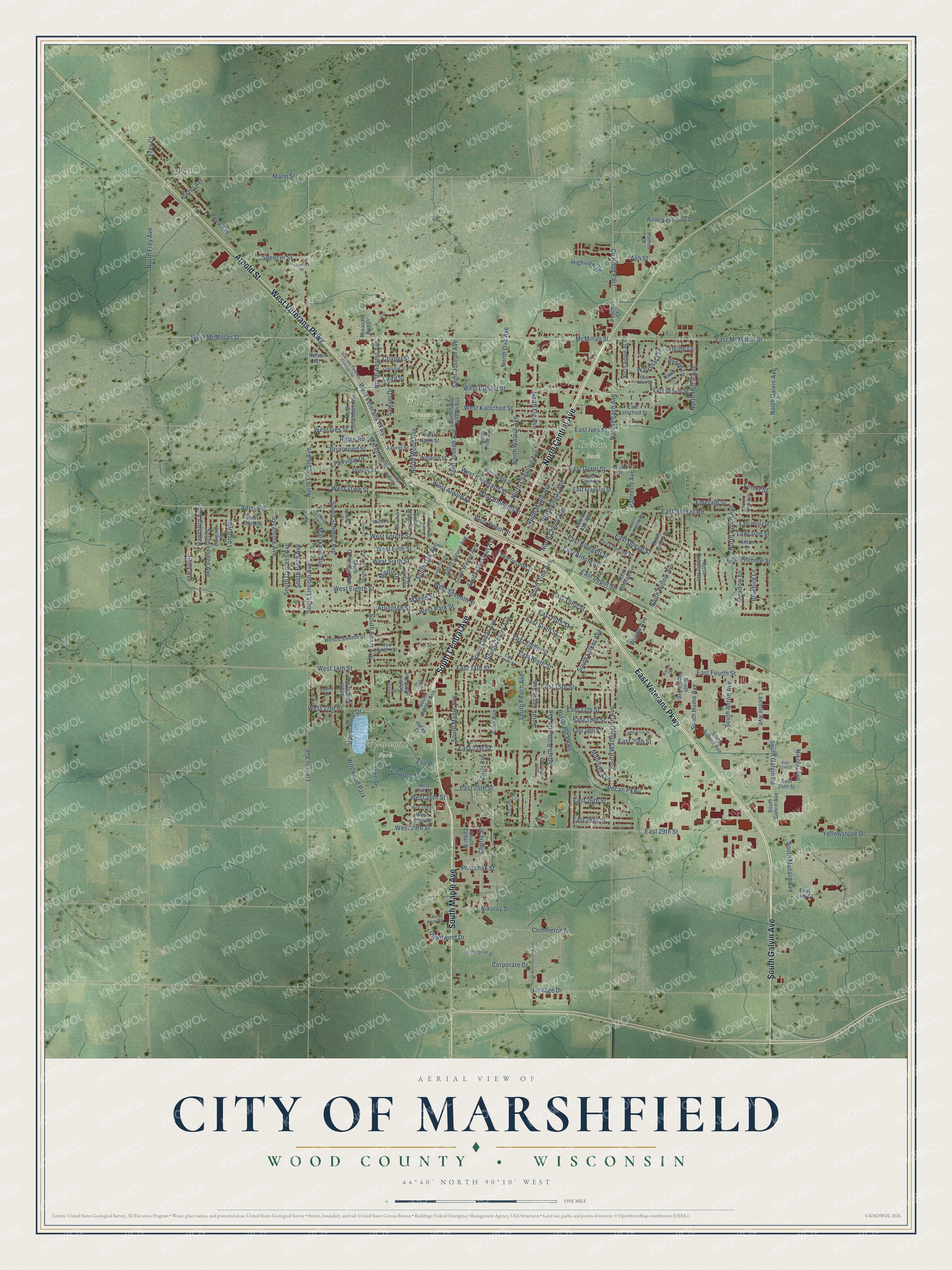 Full map of Marshfield, Wisconsin, with red buildings, printed street names and the land around them